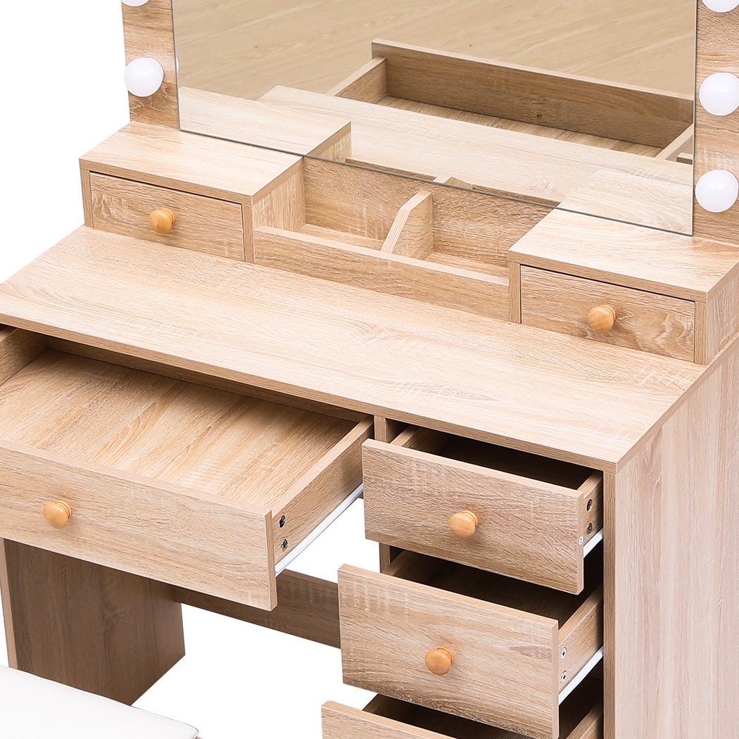 LED Dressing Table with Stool and Storage Drawers - Oak - Rivercity House & Home Co. (ABN 18 642 972 209) - Affordable Modern Furniture Australia
