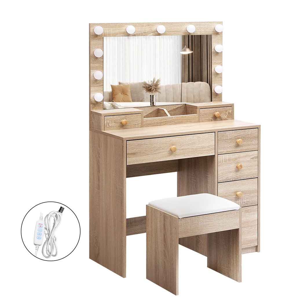 LED Dressing Table with Stool and Storage Drawers - Oak - Rivercity House & Home Co. (ABN 18 642 972 209) - Affordable Modern Furniture Australia