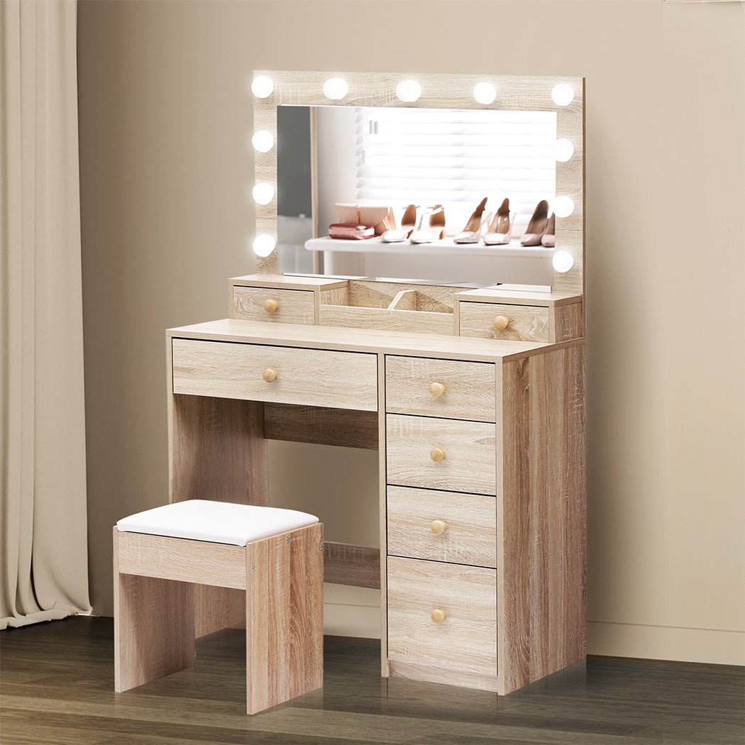 LED Dressing Table with Stool and Storage Drawers - Oak - Rivercity House & Home Co. (ABN 18 642 972 209) - Affordable Modern Furniture Australia