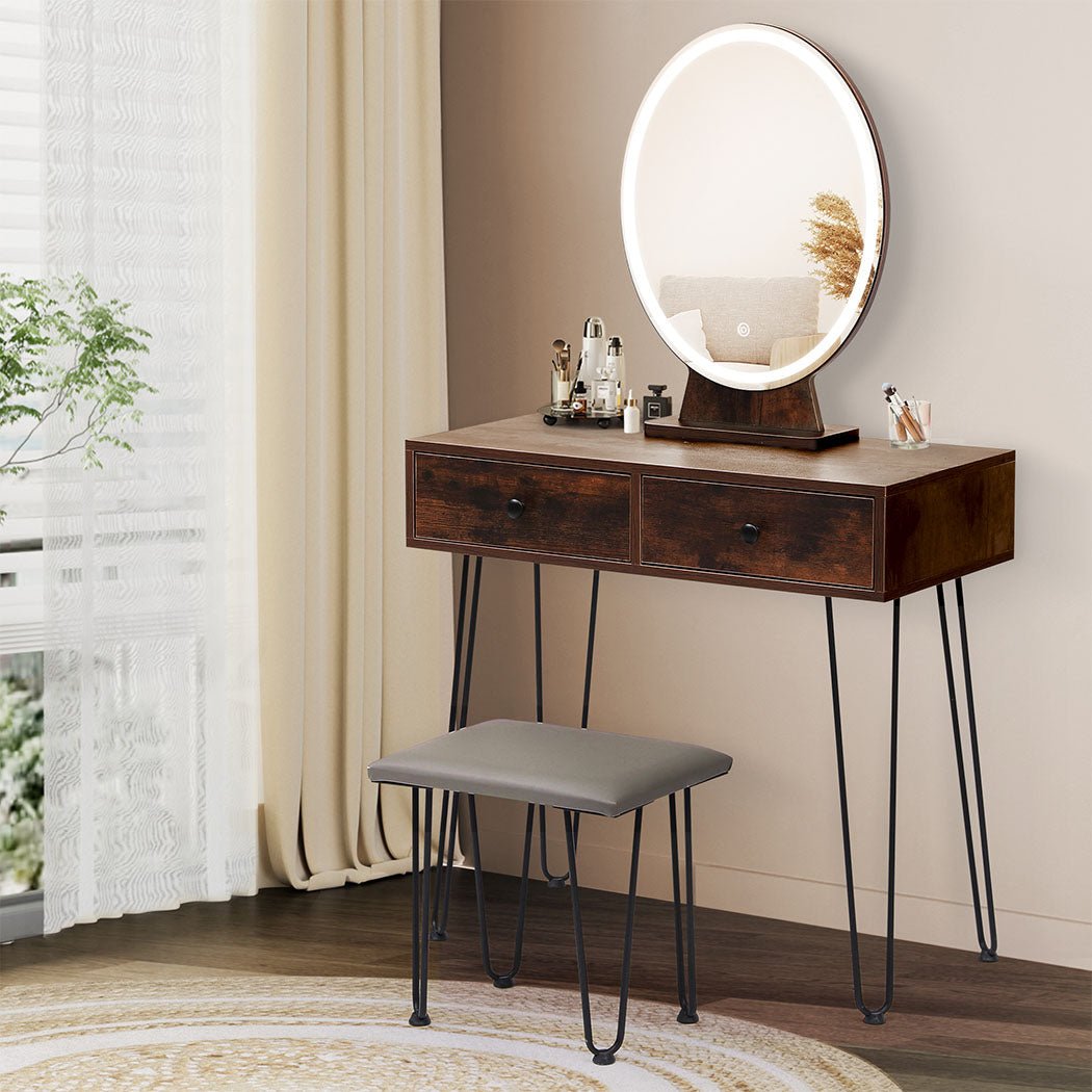 LED Dressing Table with Touch Dimming Mirror and Stool - Brown - Rivercity House & Home Co. (ABN 18 642 972 209) - Affordable Modern Furniture Australia
