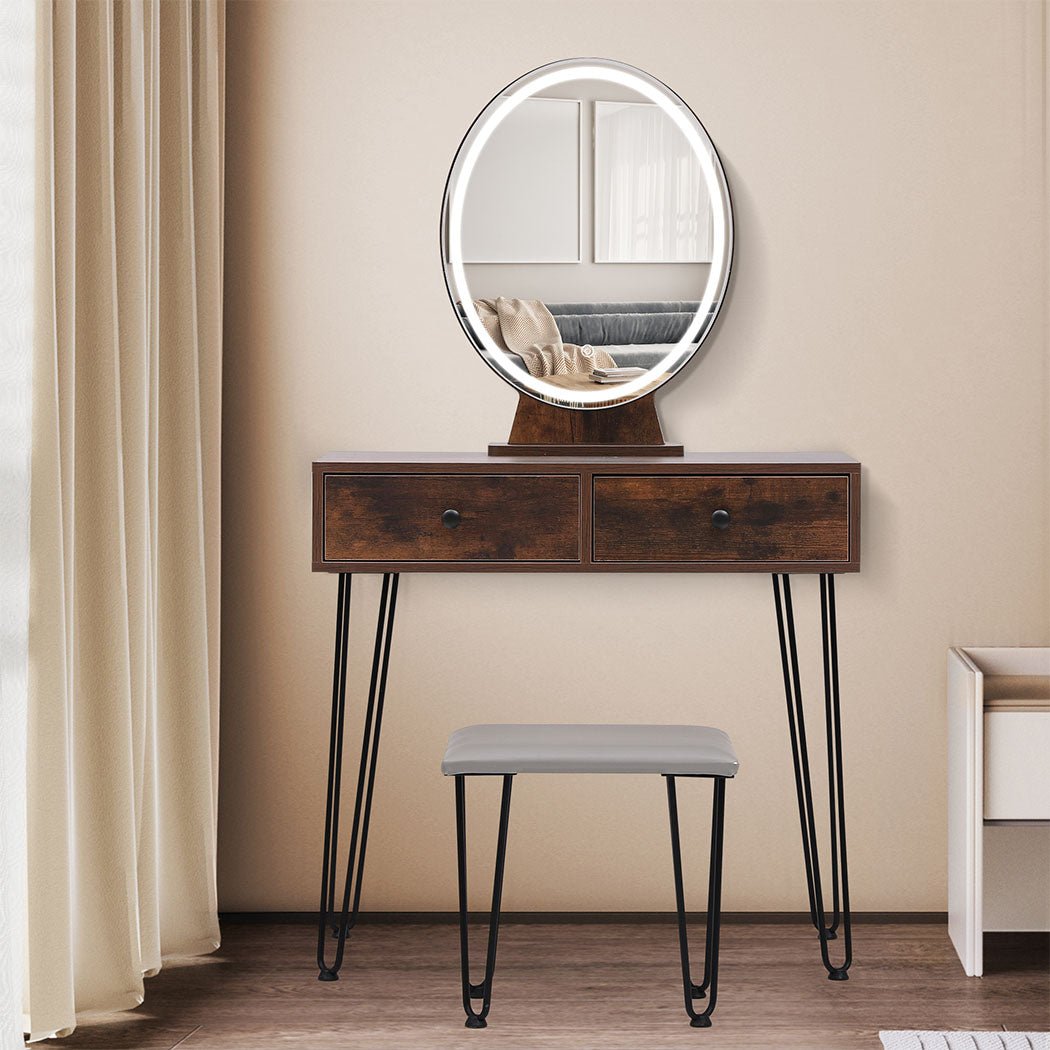 LED Dressing Table with Touch Dimming Mirror and Stool - Brown - Rivercity House & Home Co. (ABN 18 642 972 209) - Affordable Modern Furniture Australia