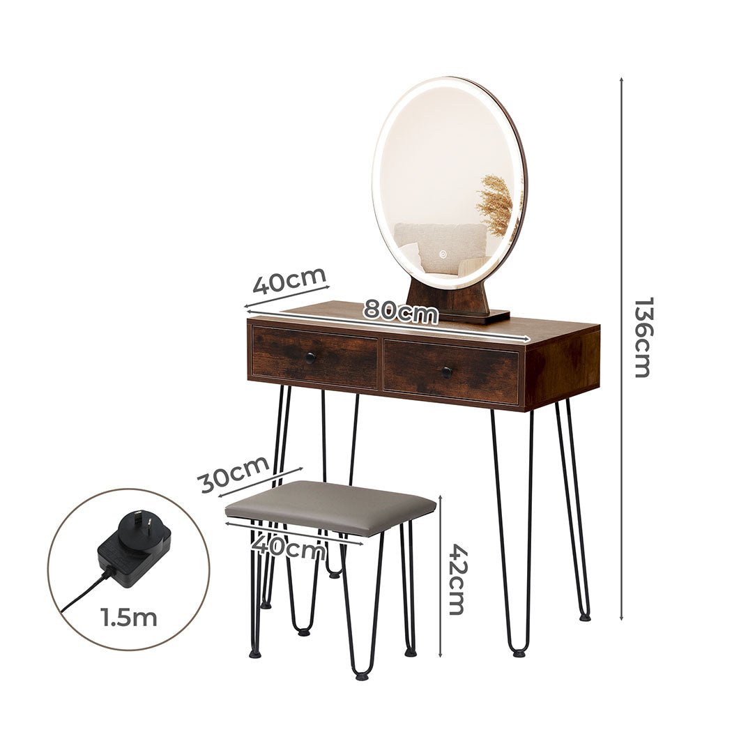 LED Dressing Table with Touch Dimming Mirror and Stool - Brown - Rivercity House & Home Co. (ABN 18 642 972 209) - Affordable Modern Furniture Australia