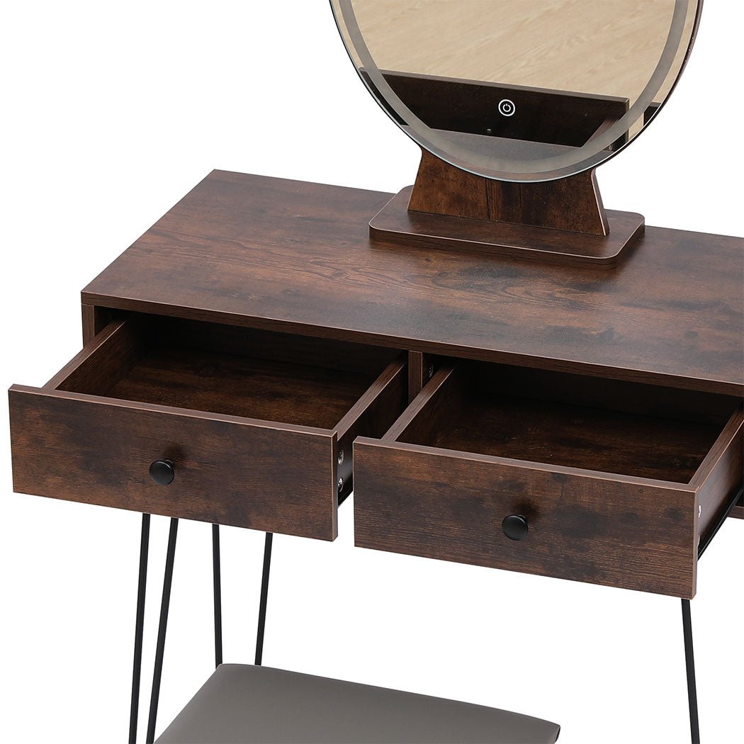 LED Dressing Table with Touch Dimming Mirror and Stool - Brown - Rivercity House & Home Co. (ABN 18 642 972 209) - Affordable Modern Furniture Australia
