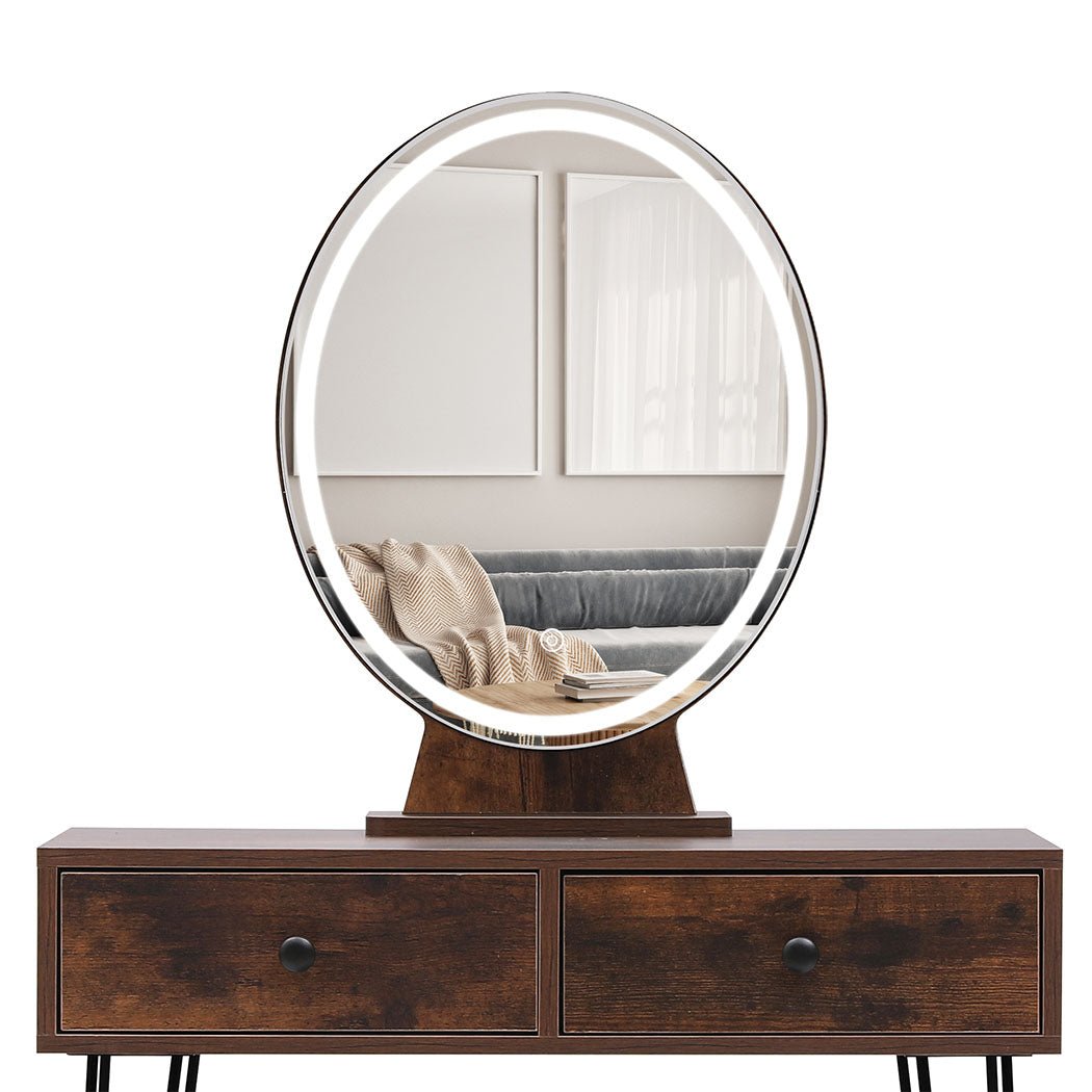 LED Dressing Table with Touch Dimming Mirror and Stool - Brown - Rivercity House & Home Co. (ABN 18 642 972 209) - Affordable Modern Furniture Australia