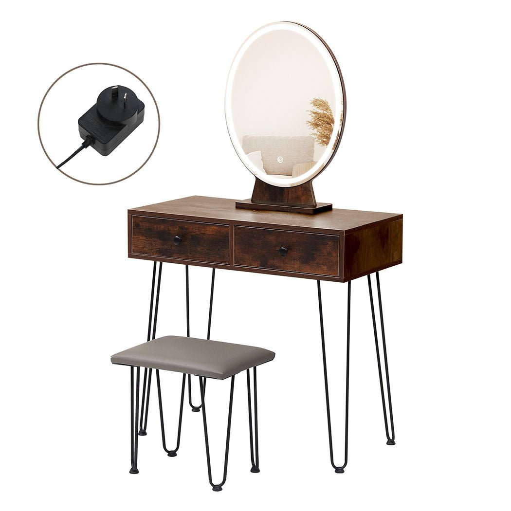 LED Dressing Table with Touch Dimming Mirror and Stool - Brown - Rivercity House & Home Co. (ABN 18 642 972 209) - Affordable Modern Furniture Australia
