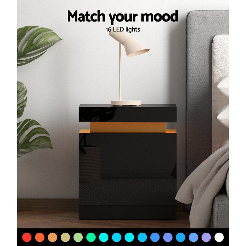 LED Light Bedside Table With Drawers Black - Rivercity House & Home Co. (ABN 18 642 972 209) - Affordable Modern Furniture Australia