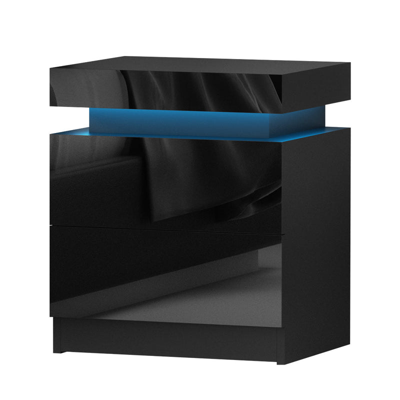 LED Light Bedside Table With Drawers Black - Rivercity House & Home Co. (ABN 18 642 972 209) - Affordable Modern Furniture Australia