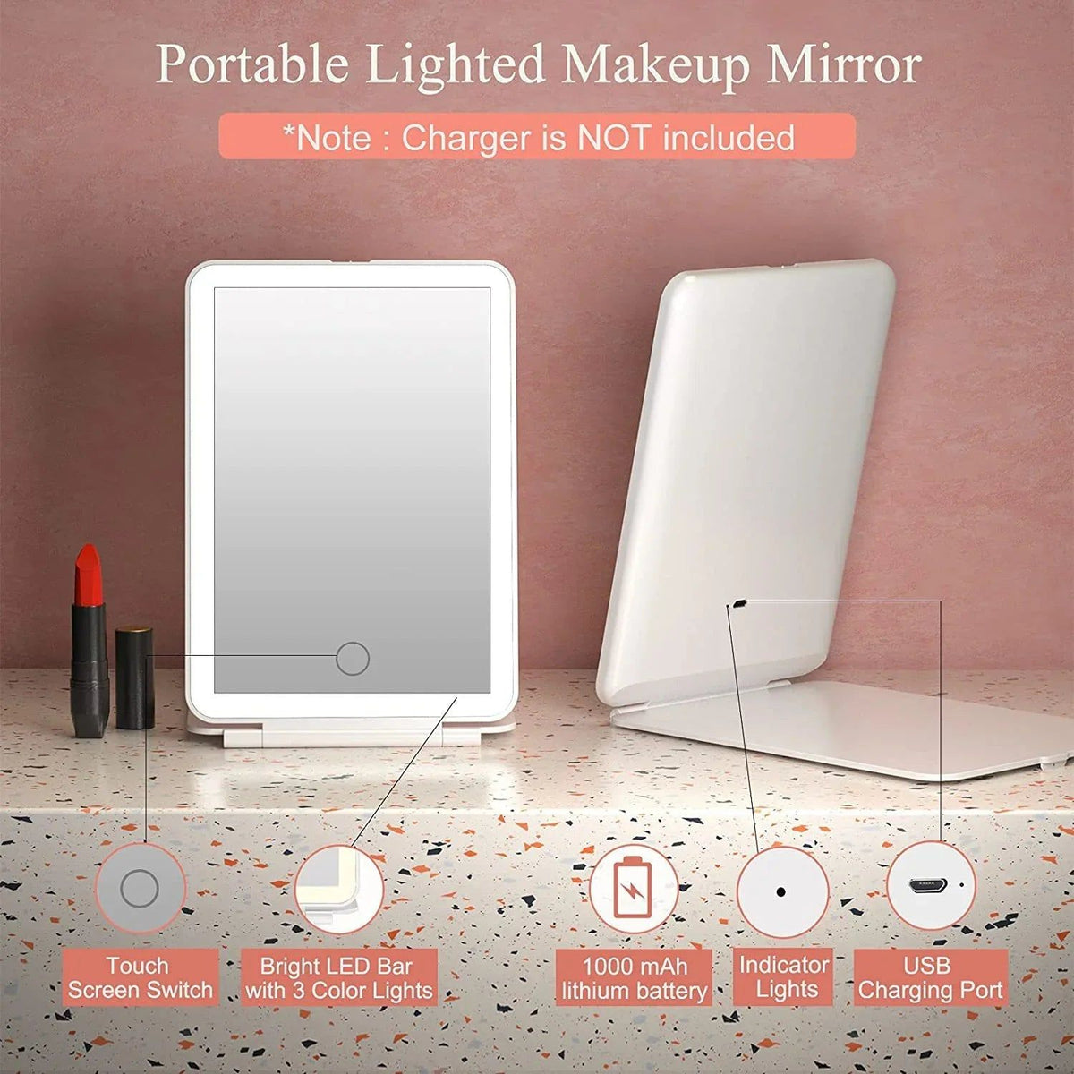 LED Travel Makeup Mirror with 3 Light Modes USB Powered - Home & Garden > Decor > Mirrors - Rivercity House & Home Co. (ABN 18 642 972 209) - Affordable Modern Furniture Australia