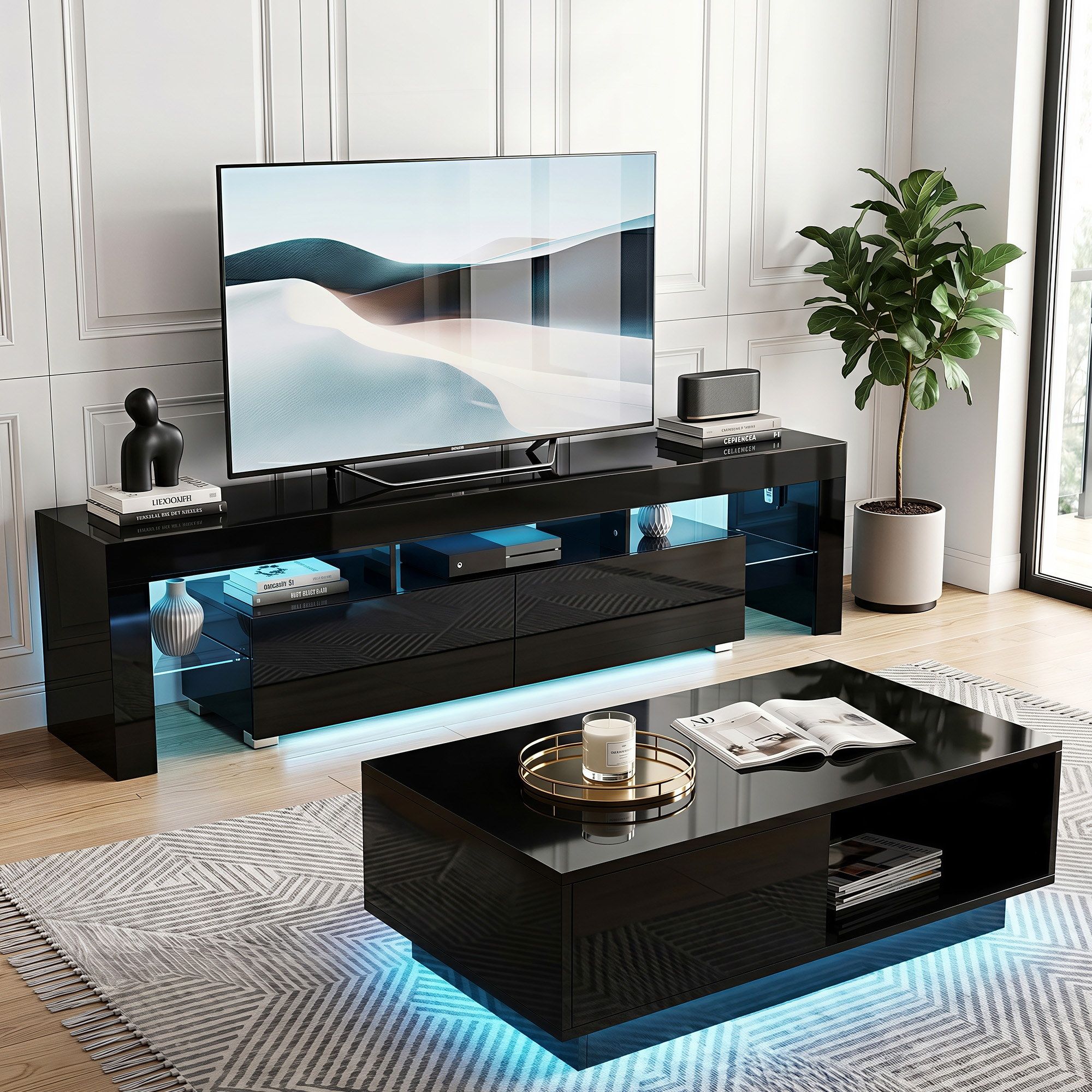 LED TV Unit & Coffee Table Set Storage Cabinet Black - Furniture > Living Room > TV Units - Rivercity House & Home Co. (ABN 18 642 972 209) - Affordable Modern Furniture Australia