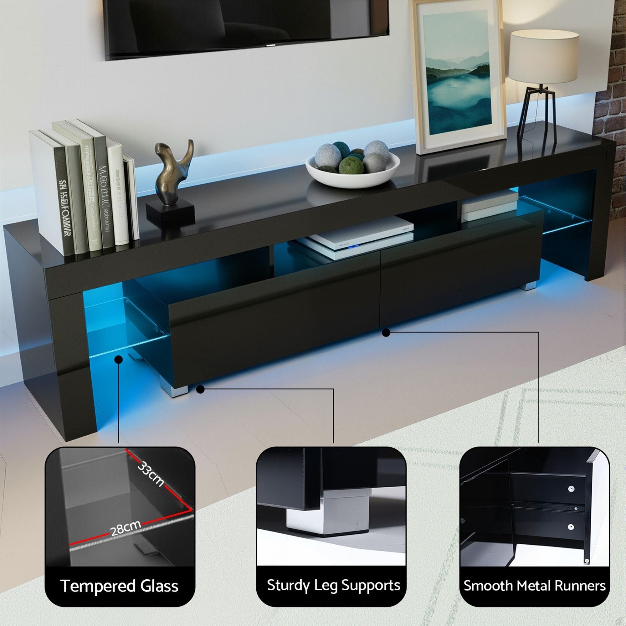 LED TV Unit & Coffee Table Set Storage Cabinet Black - Furniture > Living Room > TV Units - Rivercity House & Home Co. (ABN 18 642 972 209) - Affordable Modern Furniture Australia