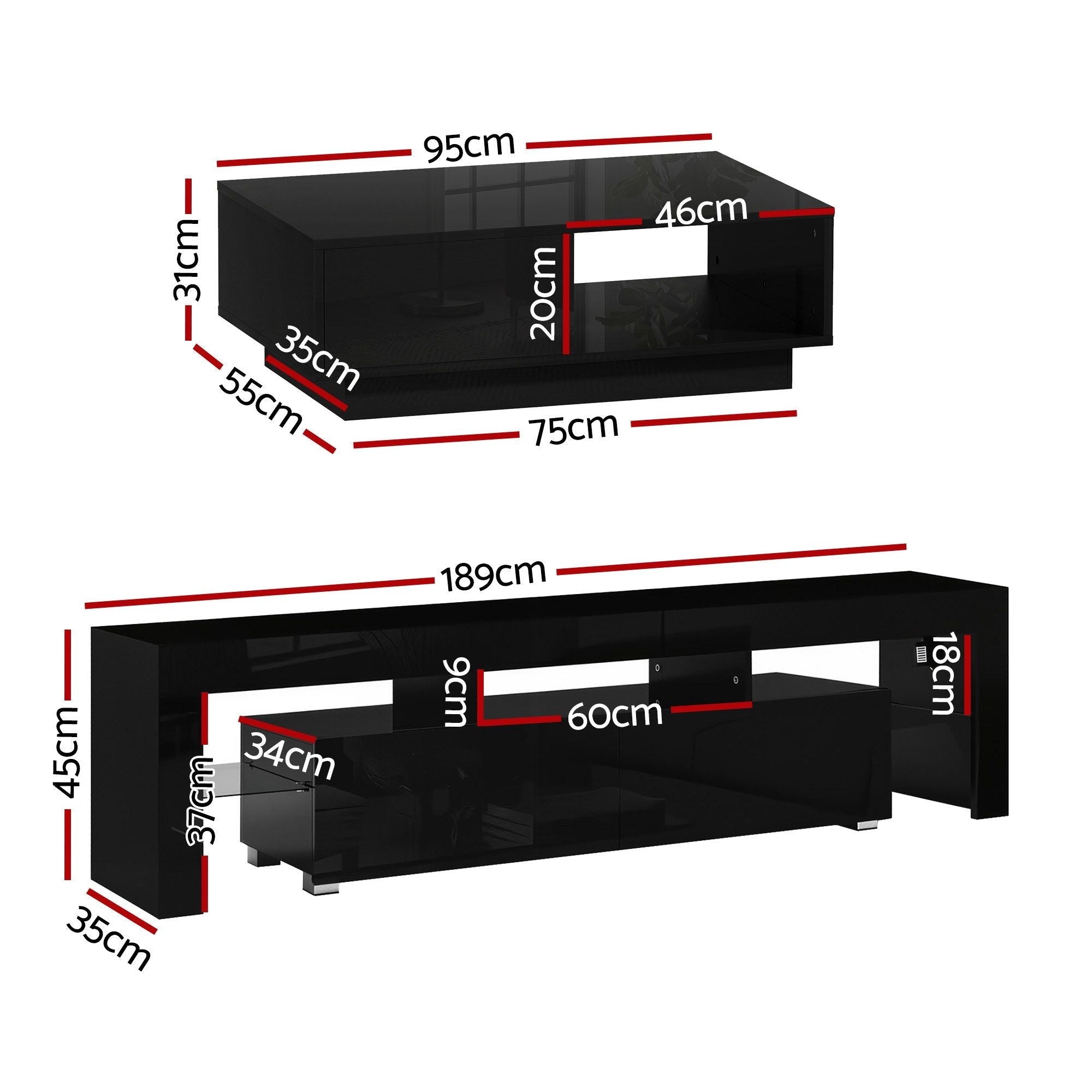 LED TV Unit & Coffee Table Set Storage Cabinet Black - Furniture > Living Room > TV Units - Rivercity House & Home Co. (ABN 18 642 972 209) - Affordable Modern Furniture Australia