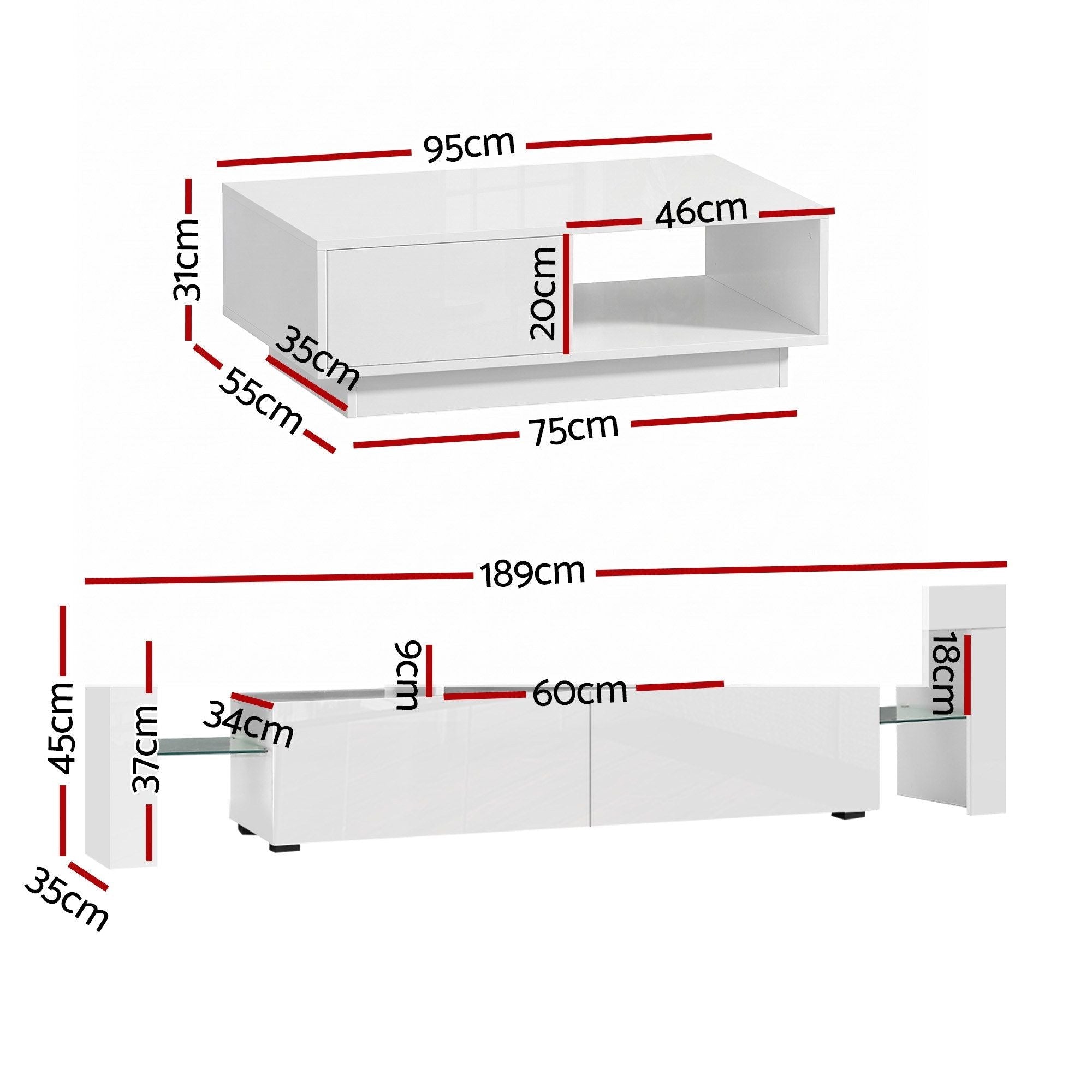 LED TV Unit & Coffee Table Set Storage Cabinet White - Furniture > Living Room > TV Units - Rivercity House & Home Co. (ABN 18 642 972 209) - Affordable Modern Furniture Australia