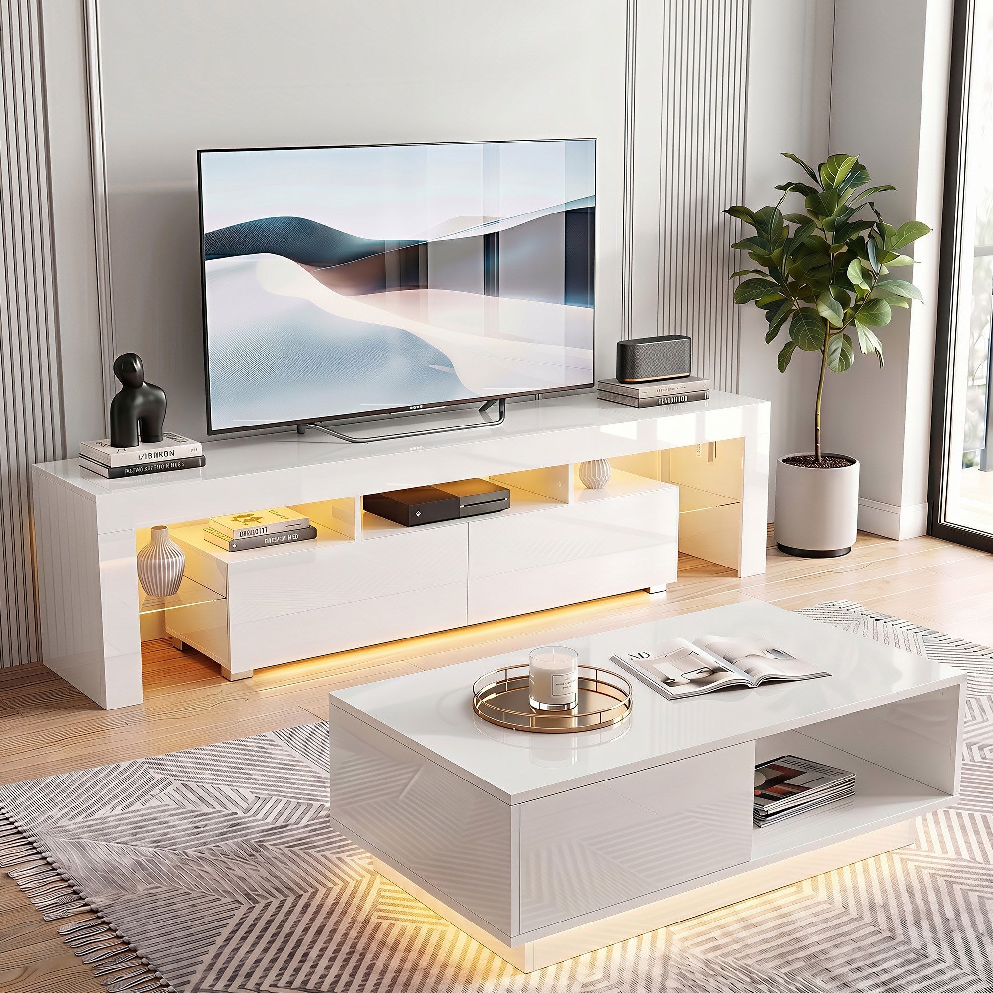 LED TV Unit & Coffee Table Set Storage Cabinet White - Furniture > Living Room > TV Units - Rivercity House & Home Co. (ABN 18 642 972 209) - Affordable Modern Furniture Australia