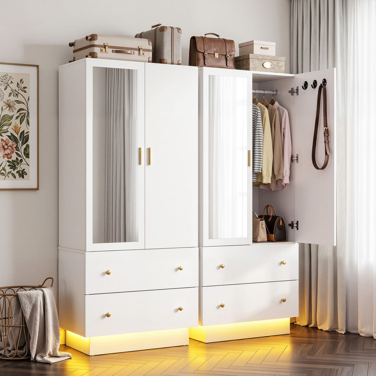 LED Wardrobe Cabinet with Mirror, 2 Drawers & Hanging Rail - Home & Garden > Storage > Clothing & Wardrobe Storage - Rivercity House & Home Co. (ABN 18 642 972 209) - Affordable Modern Furniture Australia