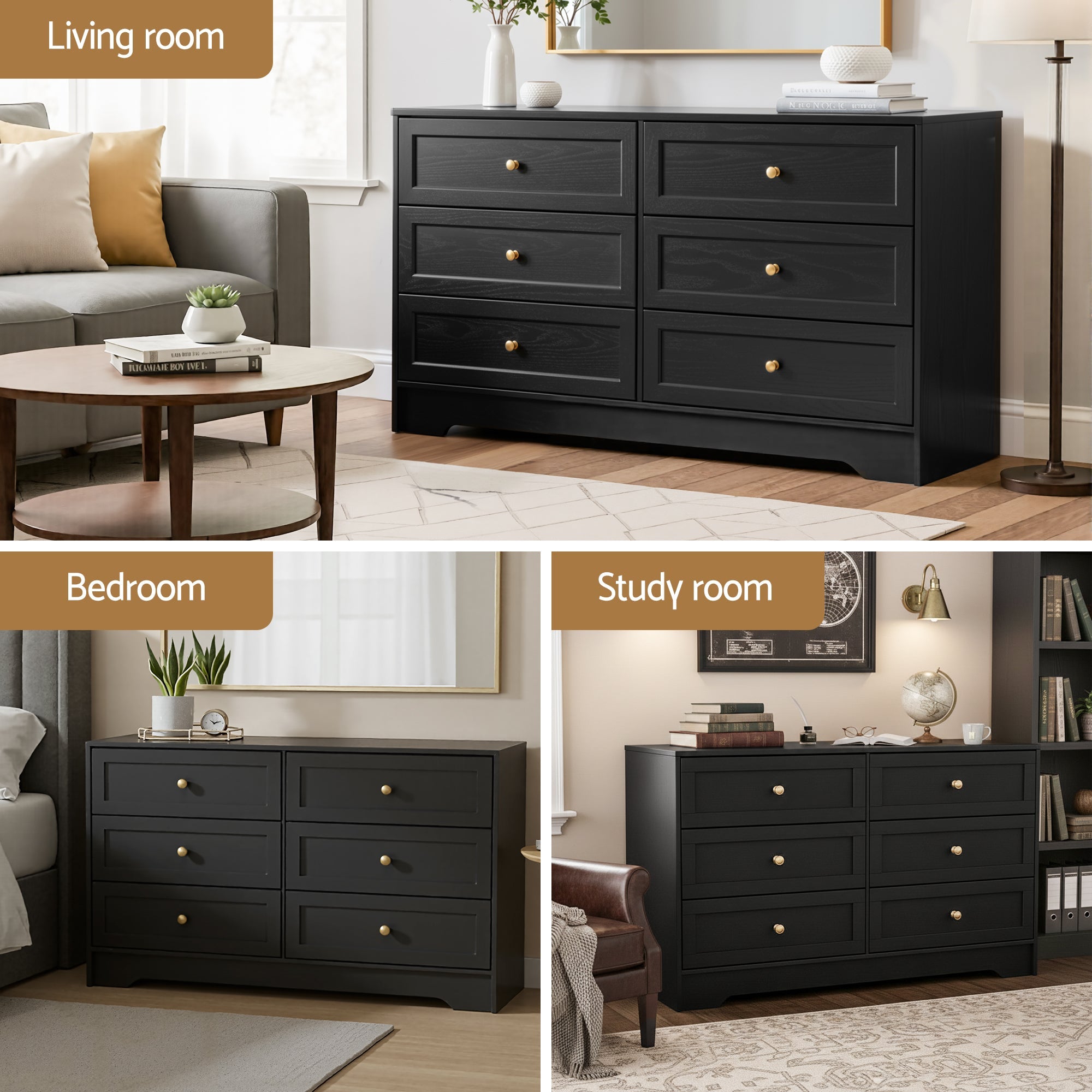 LEIF 6 Drawer Tallboy Chest of Drawers Cabinet - Black - Furniture > Bedroom > Dressers - Rivercity House & Home Co. (ABN 18 642 972 209) - Affordable Modern Furniture Australia