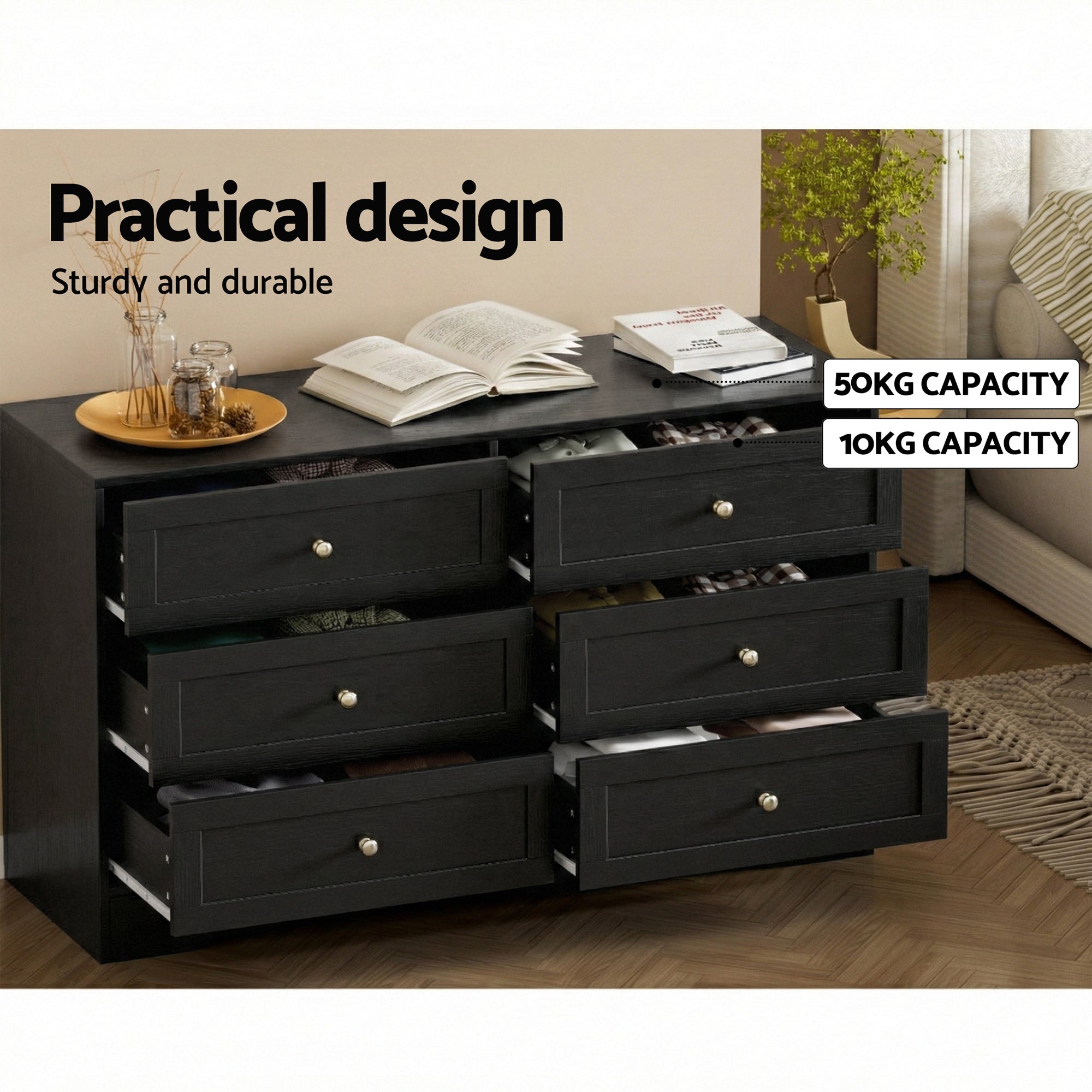 LEIF 6 Drawer Tallboy Chest of Drawers Cabinet - Black - Furniture > Bedroom > Dressers - Rivercity House & Home Co. (ABN 18 642 972 209) - Affordable Modern Furniture Australia