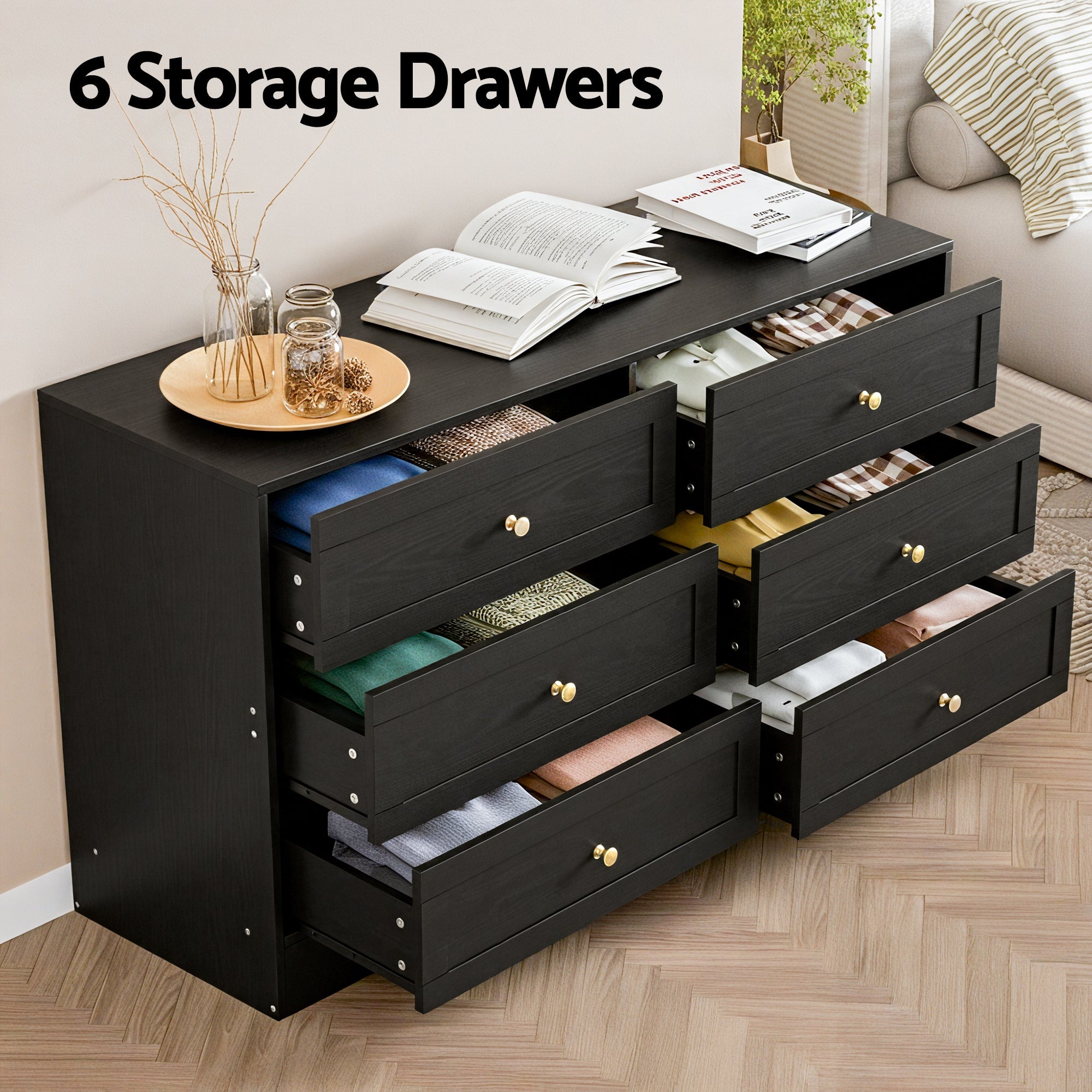 LEIF 6 Drawer Tallboy Chest of Drawers Cabinet - Black - Furniture > Bedroom > Dressers - Rivercity House & Home Co. (ABN 18 642 972 209) - Affordable Modern Furniture Australia