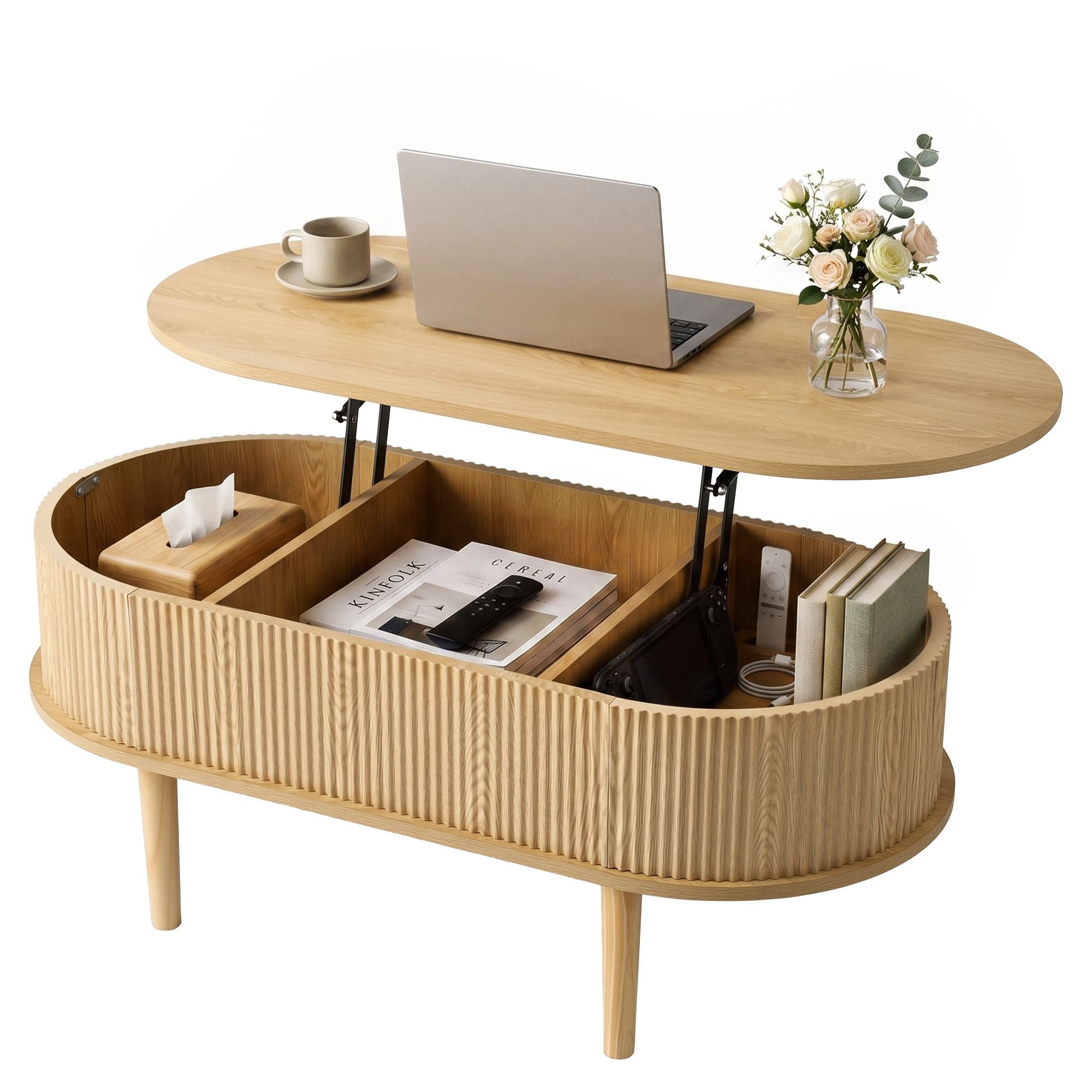 Lift Top Coffee Table Fluted Centre Table with Hidden Storage Oval 100cm - Furniture > Living Room > Coffee Tables - Rivercity House & Home Co. (ABN 18 642 972 209) - Affordable Modern Furniture Australia