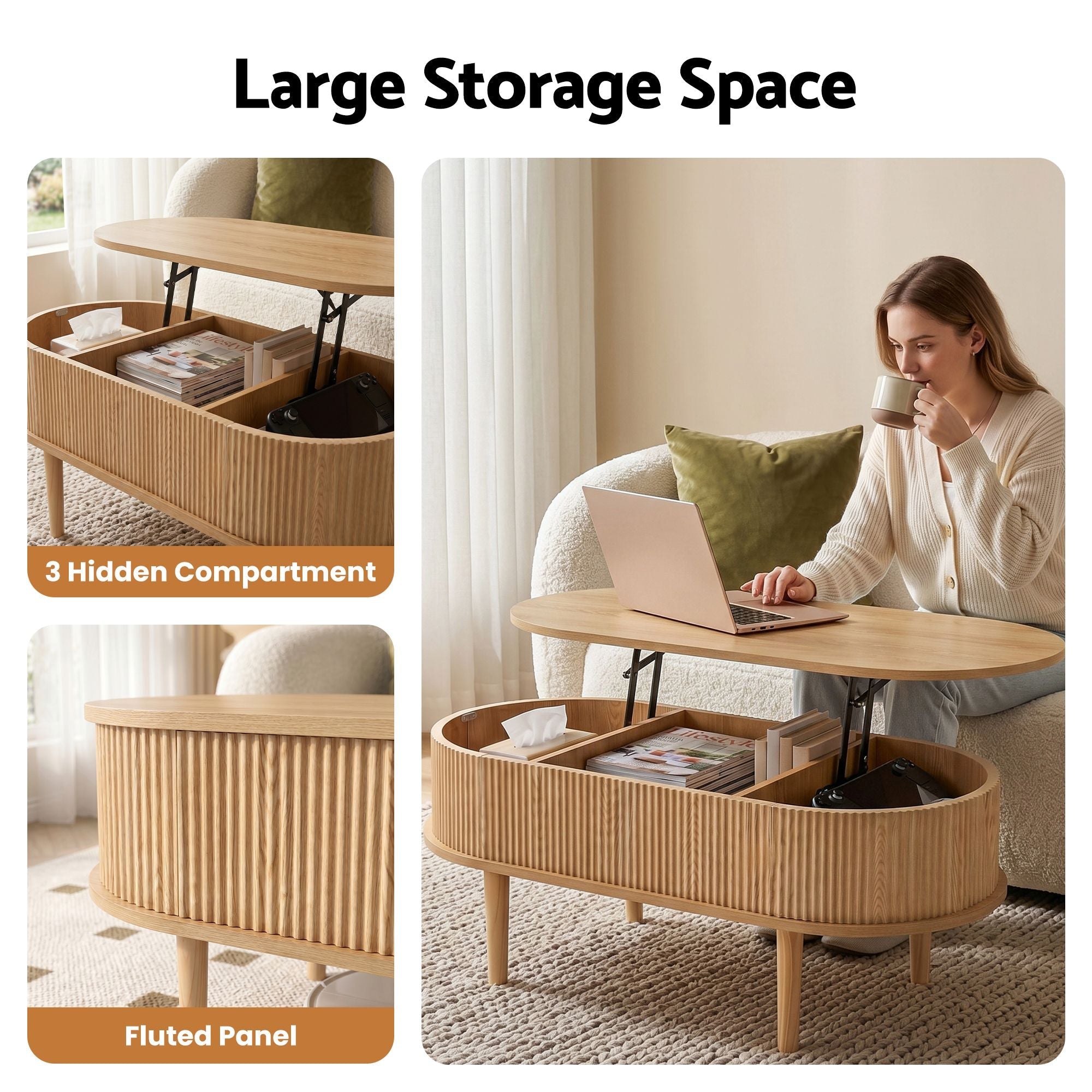 Lift Top Coffee Table Fluted Centre Table with Hidden Storage Oval 100cm - Furniture > Living Room > Coffee Tables - Rivercity House & Home Co. (ABN 18 642 972 209) - Affordable Modern Furniture Australia