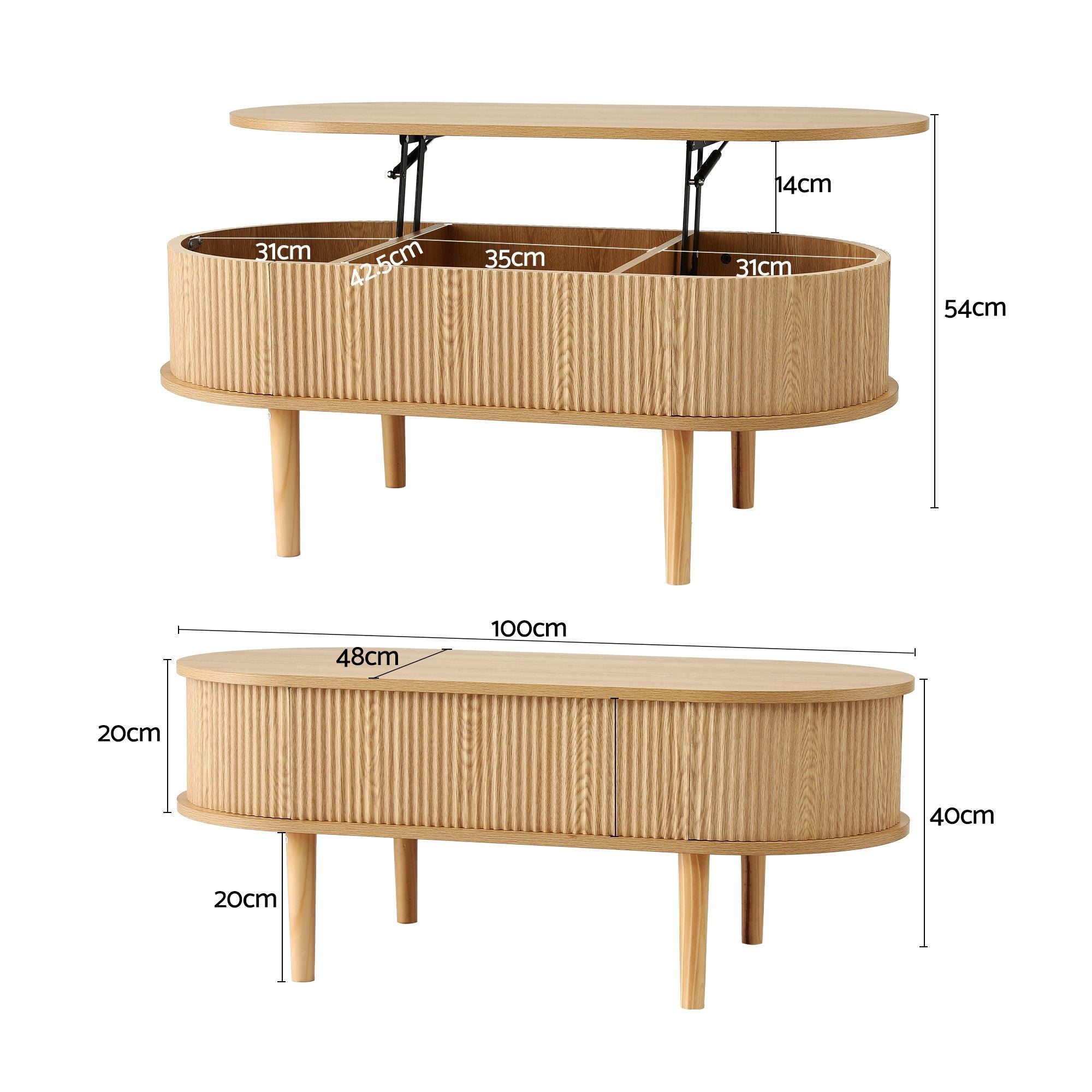 Lift Top Coffee Table Fluted Centre Table with Hidden Storage Oval 100cm - Furniture > Living Room > Coffee Tables - Rivercity House & Home Co. (ABN 18 642 972 209) - Affordable Modern Furniture Australia