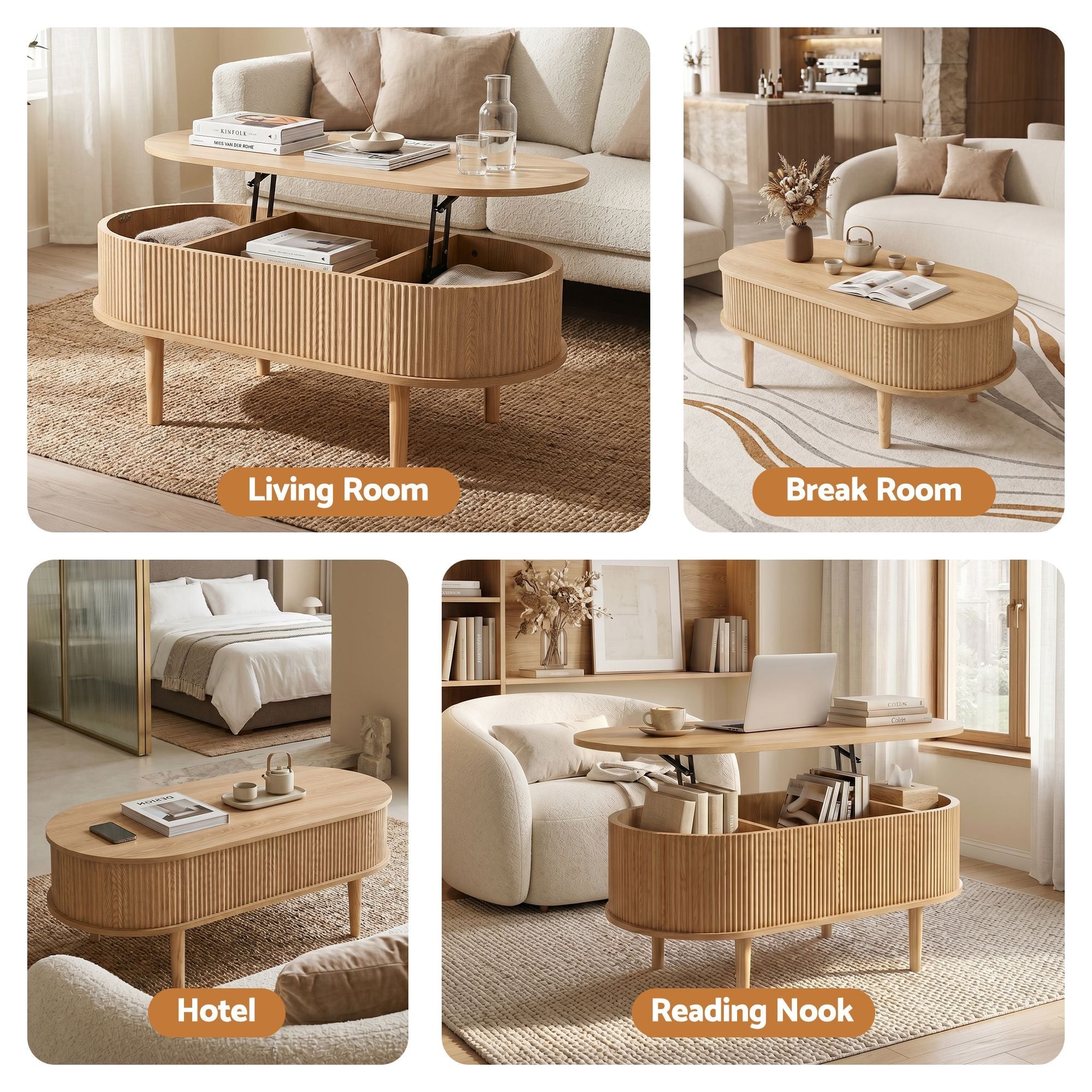 Lift Top Coffee Table Fluted Centre Table with Hidden Storage Oval 100cm - Furniture > Living Room > Coffee Tables - Rivercity House & Home Co. (ABN 18 642 972 209) - Affordable Modern Furniture Australia
