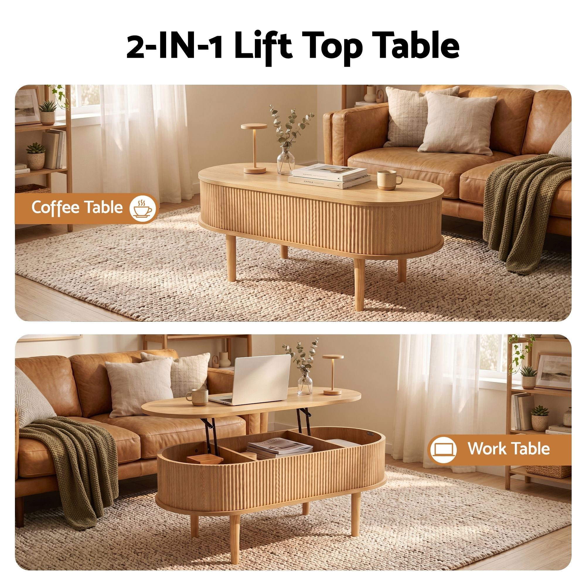 Lift Top Coffee Table Fluted Centre Table with Hidden Storage Oval 100cm - Furniture > Living Room > Coffee Tables - Rivercity House & Home Co. (ABN 18 642 972 209) - Affordable Modern Furniture Australia