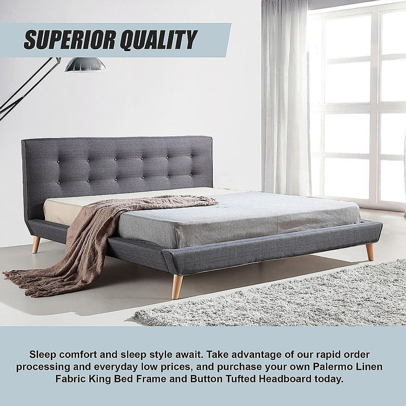 Linen Fabric Deluxe King Bed Frame Grey - Rivercity House & Home Co. (ABN 18 642 972 209) - Affordable Modern Furniture Australia