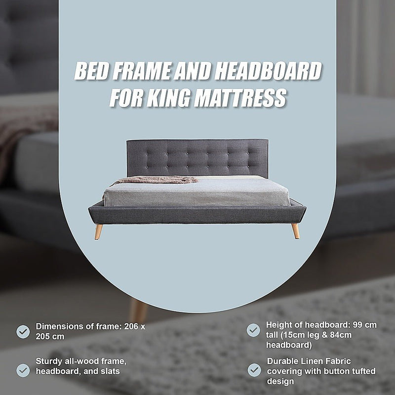 Linen Fabric Deluxe King Bed Frame Grey - Rivercity House & Home Co. (ABN 18 642 972 209) - Affordable Modern Furniture Australia