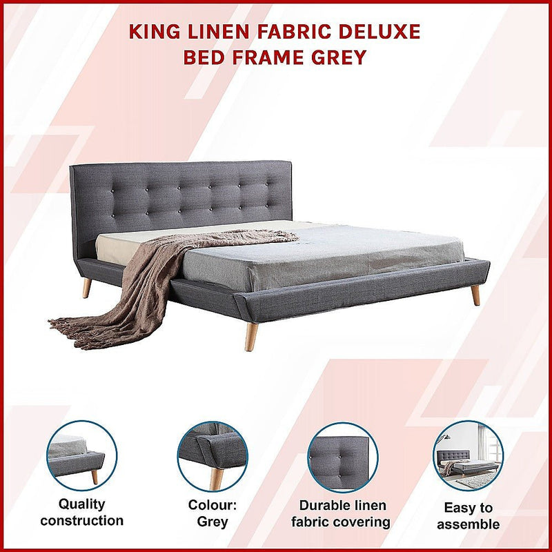 Linen Fabric Deluxe King Bed Frame Grey - Rivercity House & Home Co. (ABN 18 642 972 209) - Affordable Modern Furniture Australia