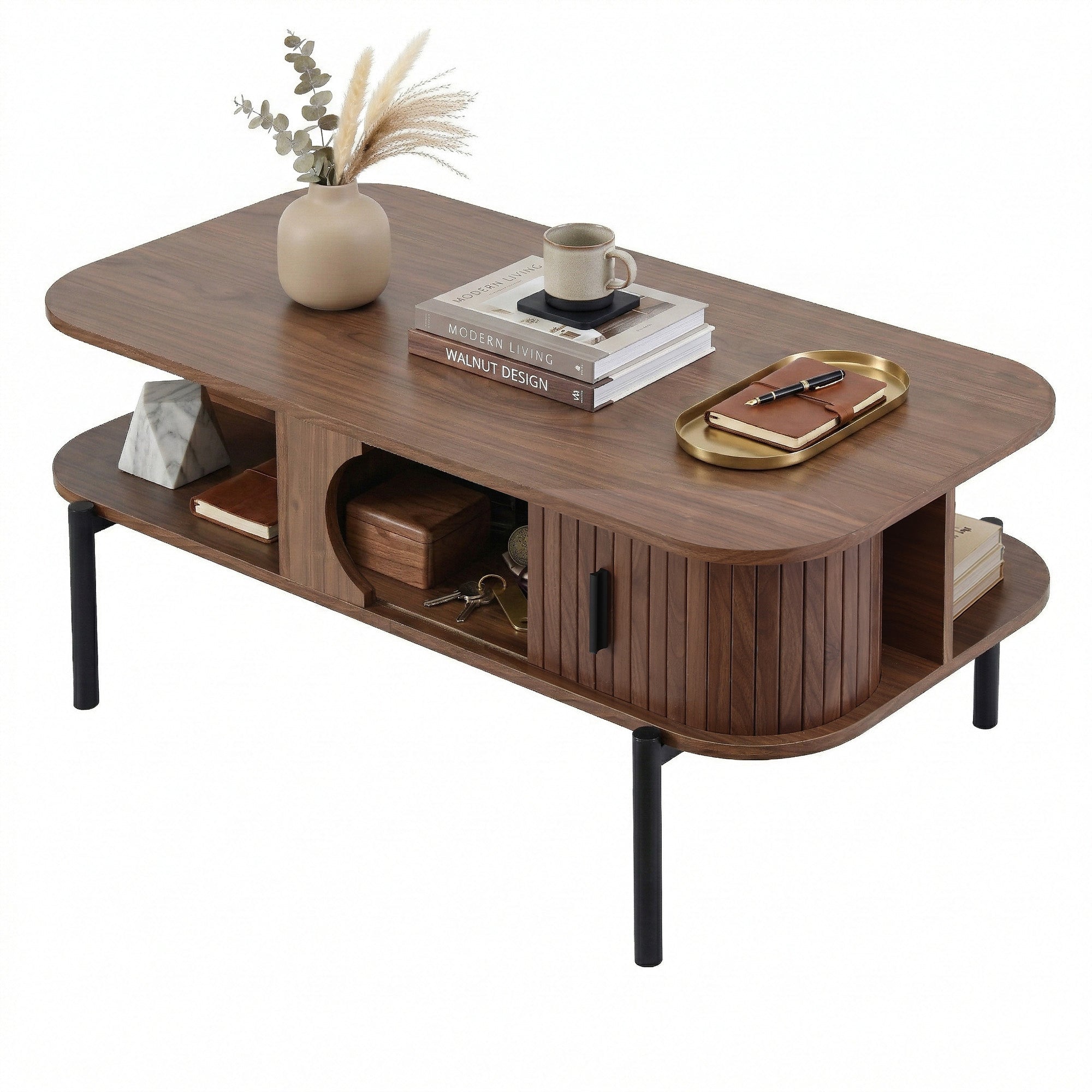 Living Room Coffee Table with Shelf and Cabinet - Walnut - Furniture > Living Room > Coffee Tables - Rivercity House & Home Co. (ABN 18 642 972 209) - Affordable Modern Furniture Australia
