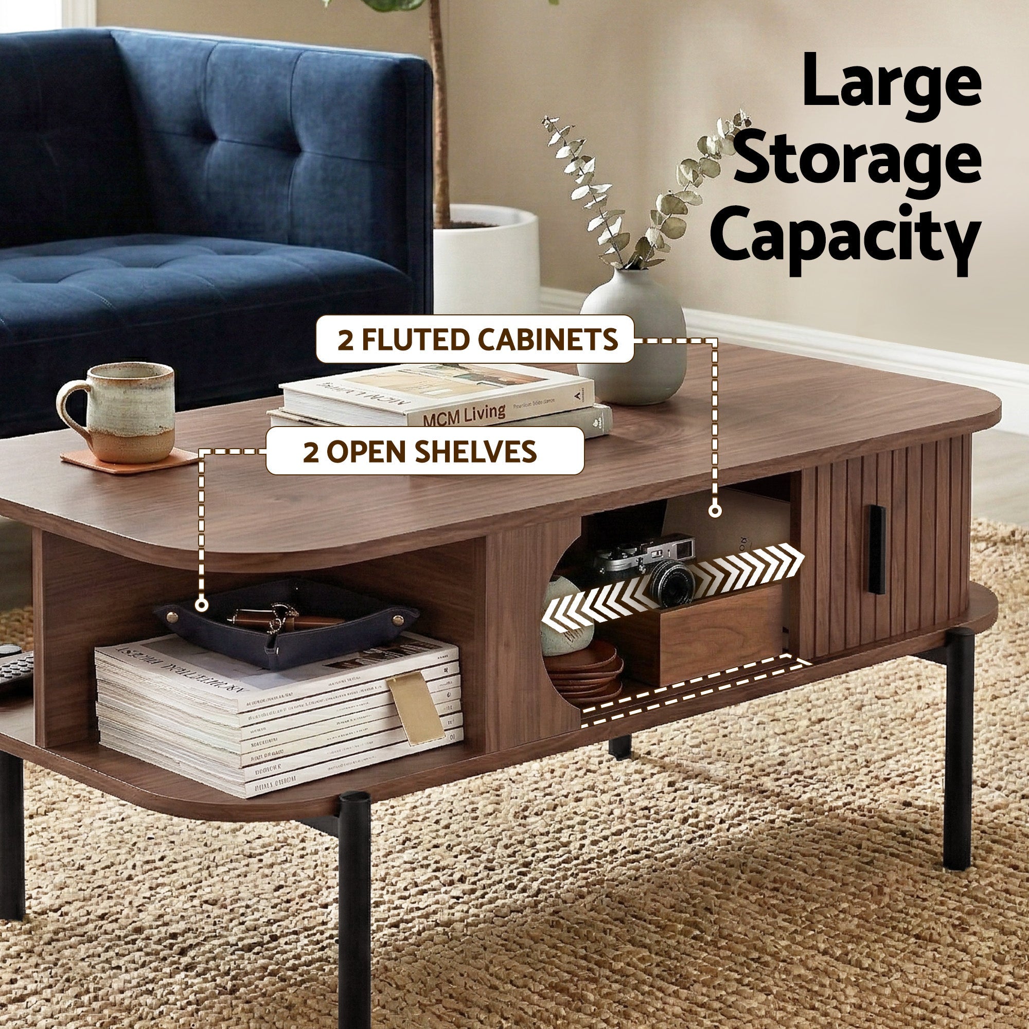 Living Room Coffee Table with Shelf and Cabinet - Walnut - Furniture > Living Room > Coffee Tables - Rivercity House & Home Co. (ABN 18 642 972 209) - Affordable Modern Furniture Australia