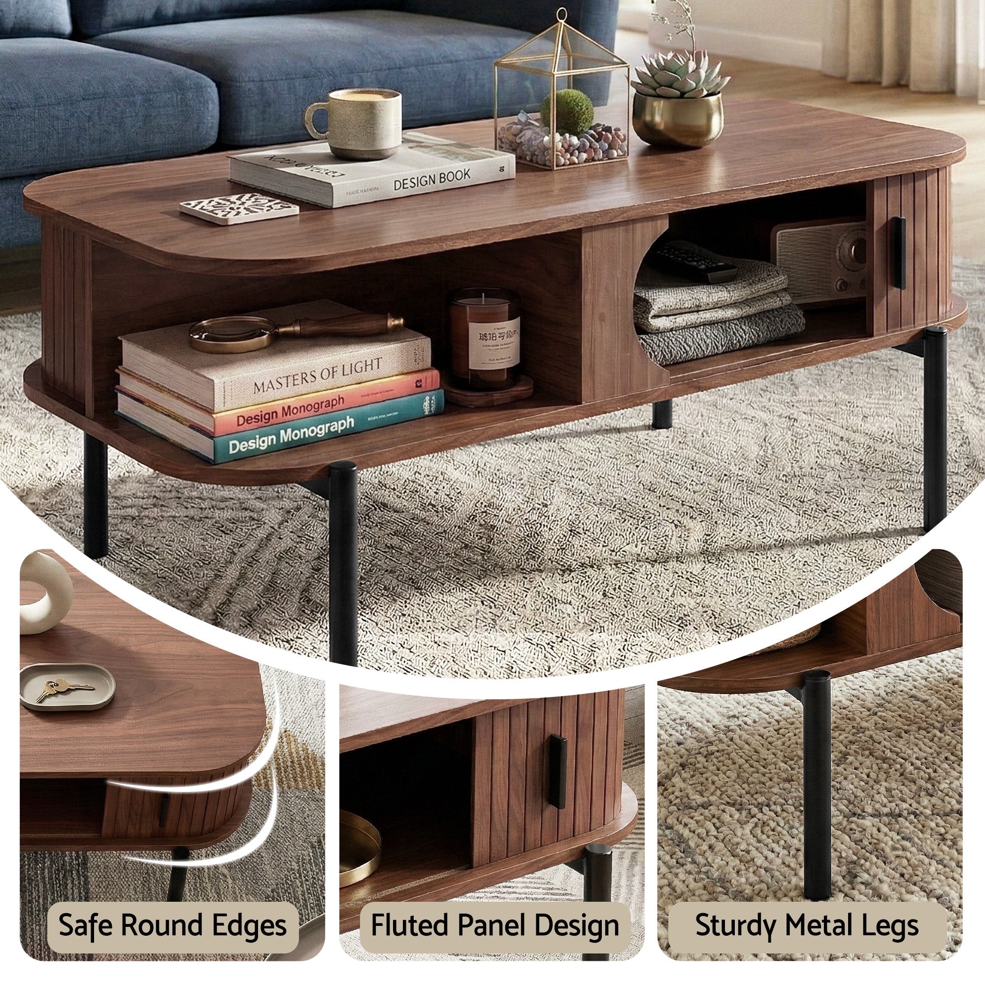 Living Room Coffee Table with Shelf and Cabinet - Walnut - Furniture > Living Room > Coffee Tables - Rivercity House & Home Co. (ABN 18 642 972 209) - Affordable Modern Furniture Australia