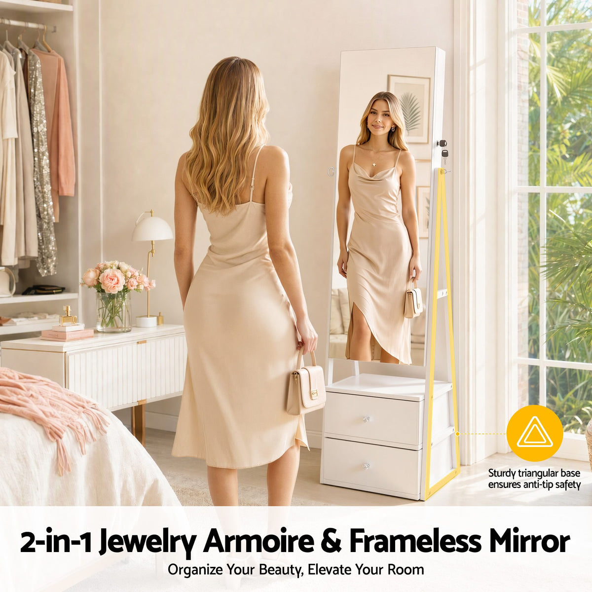 Lockable Freestanding Jewelry Armoire with Mirror and Drawers - White - Home & Garden > Storage > Storage Cabinets & Lockers - Rivercity House & Home Co. (ABN 18 642 972 209) - Affordable Modern Furniture Australia