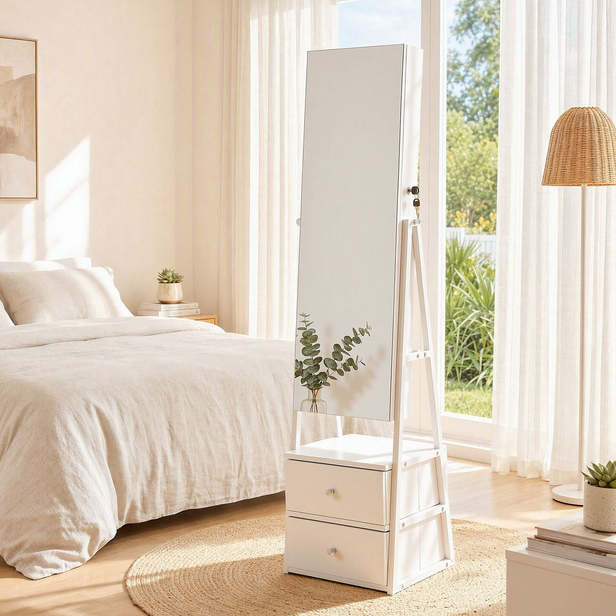 Lockable Freestanding Jewelry Armoire with Mirror and Drawers - White - Home & Garden > Storage > Storage Cabinets & Lockers - Rivercity House & Home Co. (ABN 18 642 972 209) - Affordable Modern Furniture Australia
