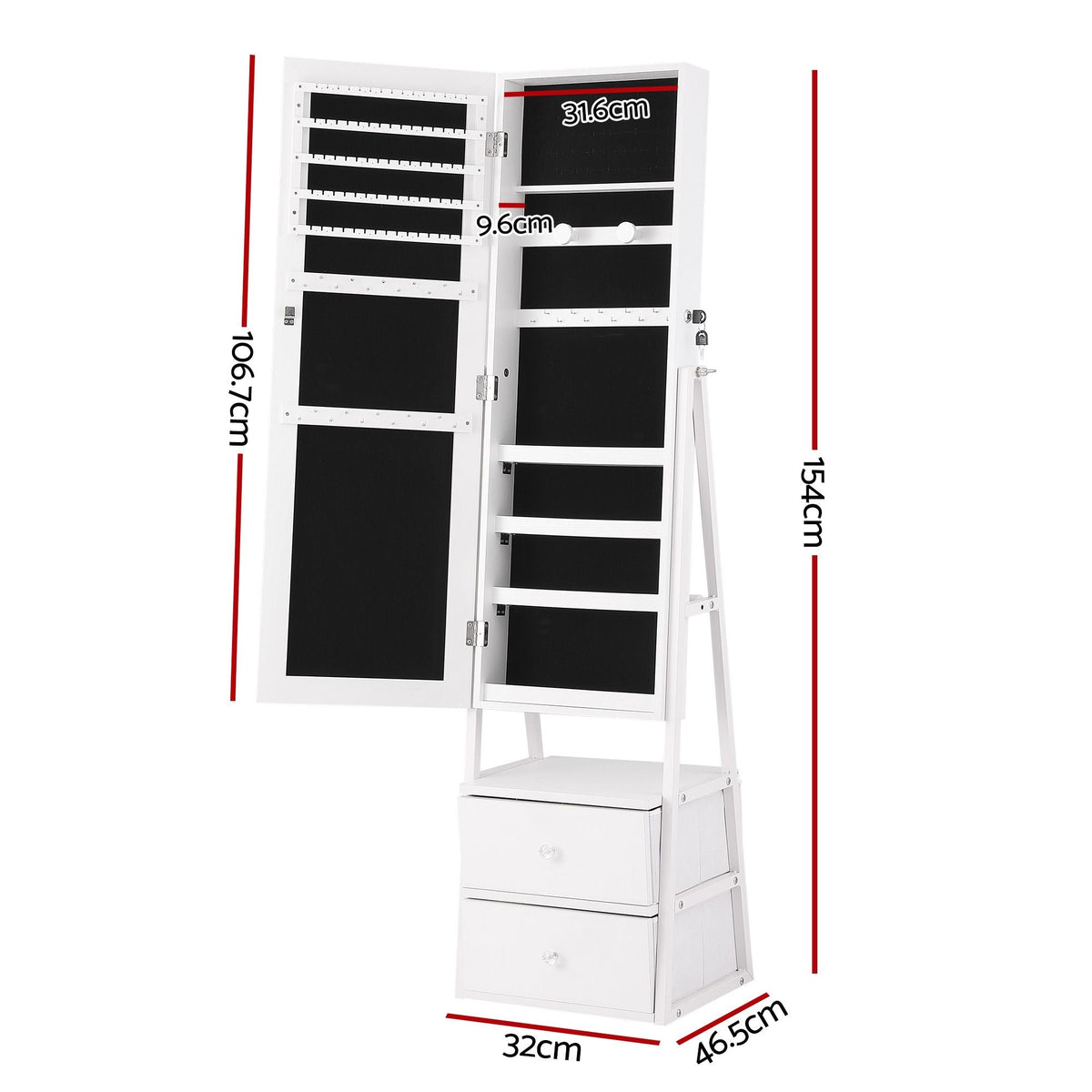 Lockable Freestanding Jewelry Armoire with Mirror and Drawers - White - Home & Garden > Storage > Storage Cabinets & Lockers - Rivercity House & Home Co. (ABN 18 642 972 209) - Affordable Modern Furniture Australia