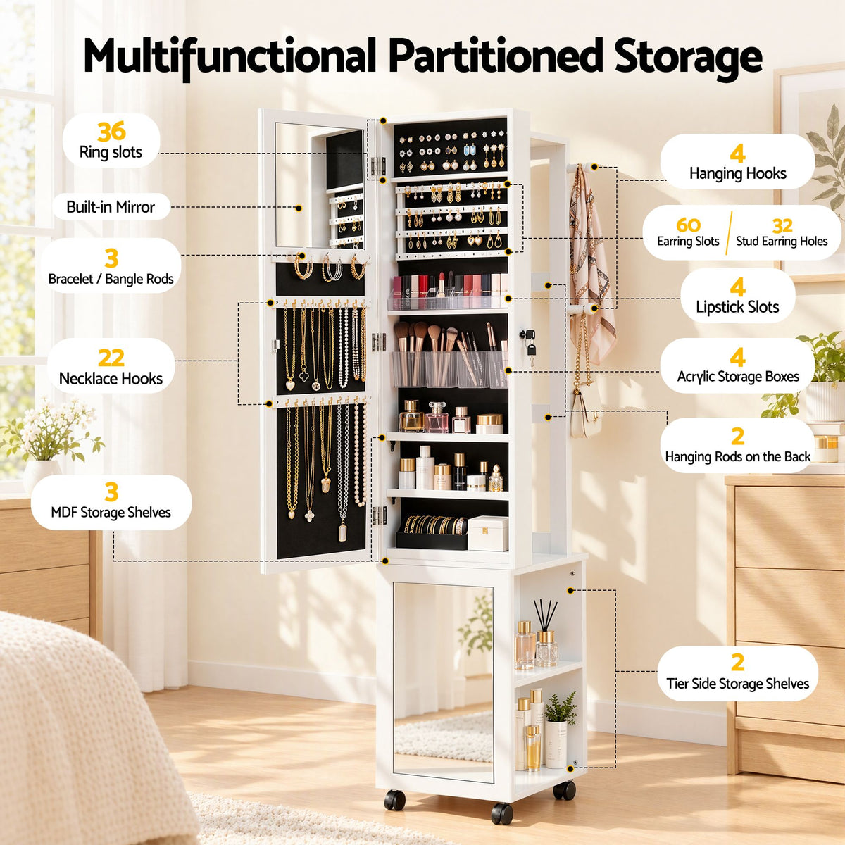 Lockable Jewellery Cabinet with Mobile Frameless Mirror - White - Home & Garden > Storage > Storage Cabinets & Lockers - Rivercity House & Home Co. (ABN 18 642 972 209) - Affordable Modern Furniture Australia