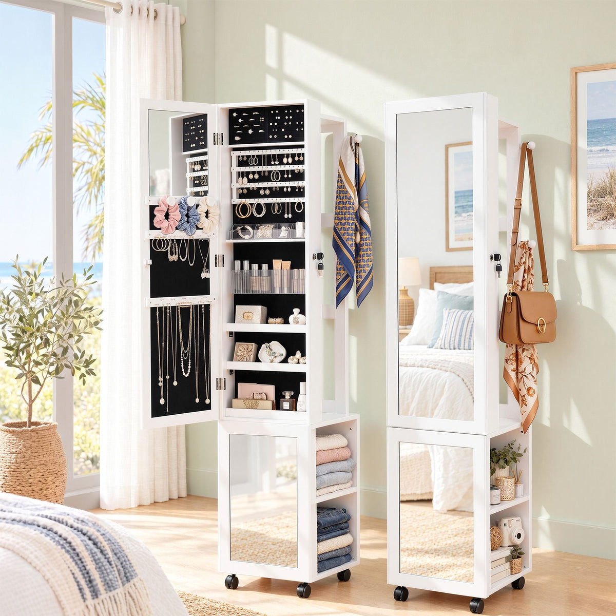Lockable Jewellery Cabinet with Mobile Frameless Mirror - White - Home & Garden > Storage > Storage Cabinets & Lockers - Rivercity House & Home Co. (ABN 18 642 972 209) - Affordable Modern Furniture Australia