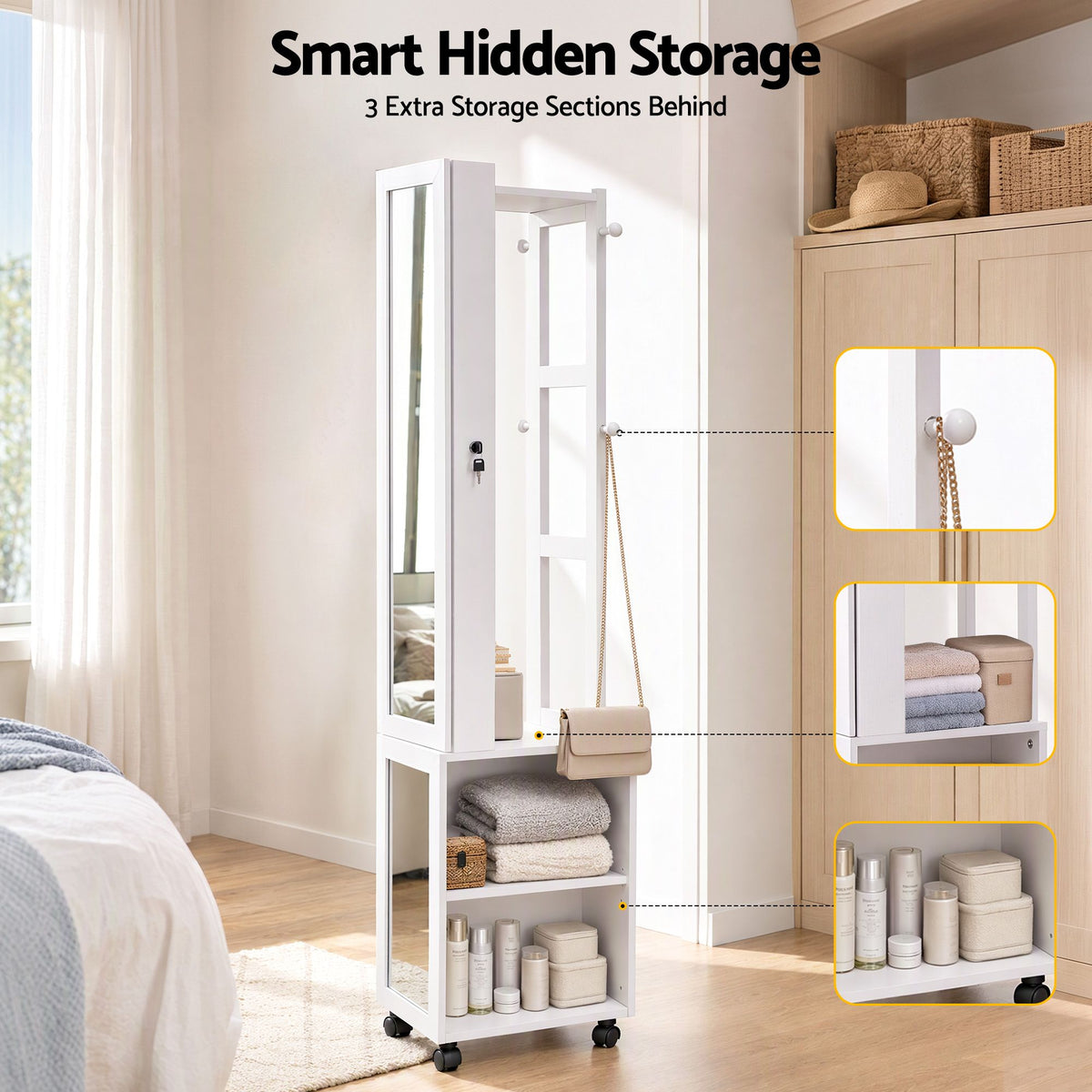 Lockable Jewellery Cabinet with Mobile Frameless Mirror - White - Home & Garden > Storage > Storage Cabinets & Lockers - Rivercity House & Home Co. (ABN 18 642 972 209) - Affordable Modern Furniture Australia