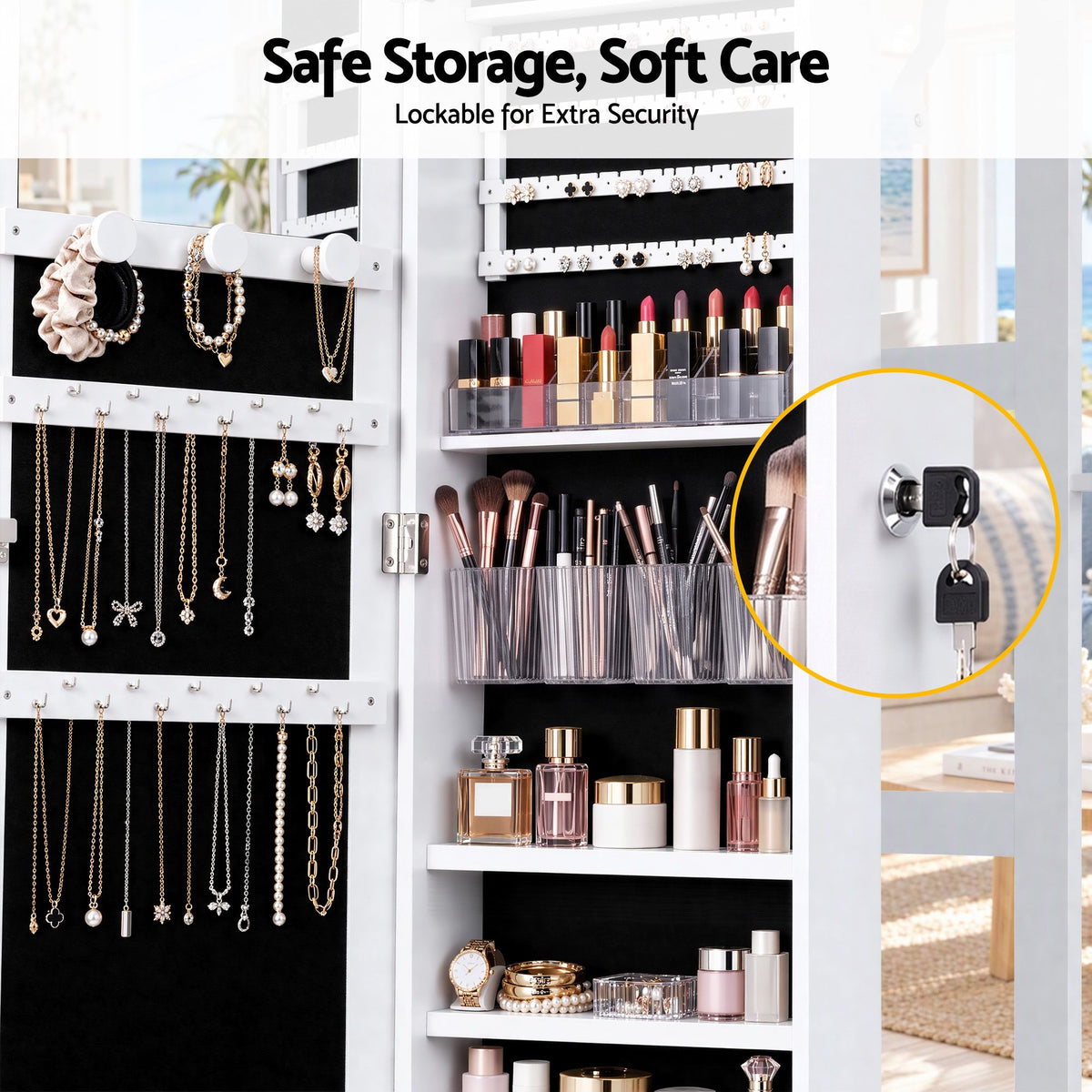 Lockable Jewellery Cabinet with Mobile Frameless Mirror - White - Home & Garden > Storage > Storage Cabinets & Lockers - Rivercity House & Home Co. (ABN 18 642 972 209) - Affordable Modern Furniture Australia