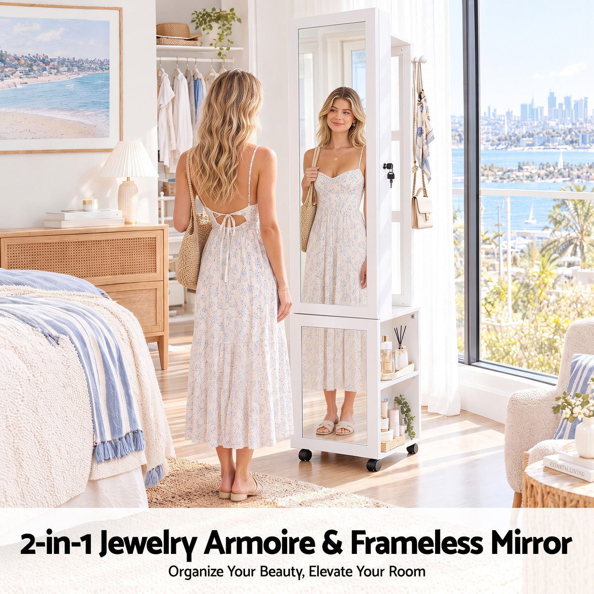 Lockable Jewellery Cabinet with Mobile Frameless Mirror - White - Home & Garden > Storage > Storage Cabinets & Lockers - Rivercity House & Home Co. (ABN 18 642 972 209) - Affordable Modern Furniture Australia