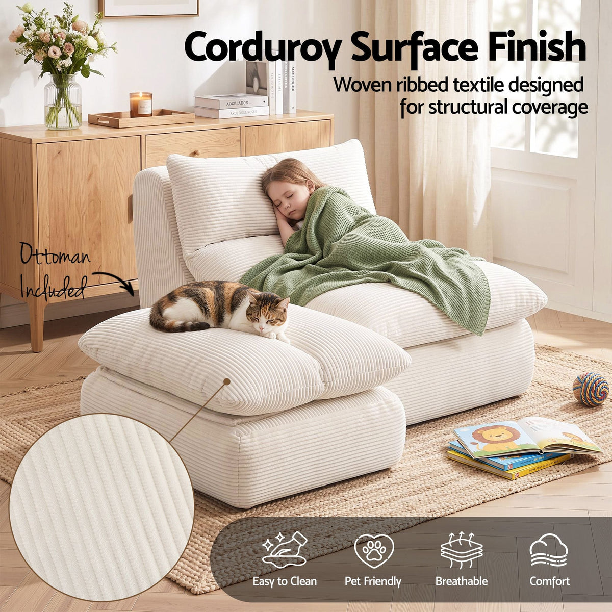 Lounge Chair and Ottoman Single Sofa Couch Boneless Corduroy Chaise Footrest - Furniture > Sofas > Sofas & Sofa Beds - Rivercity House & Home Co. (ABN 18 642 972 209) - Affordable Modern Furniture Australia