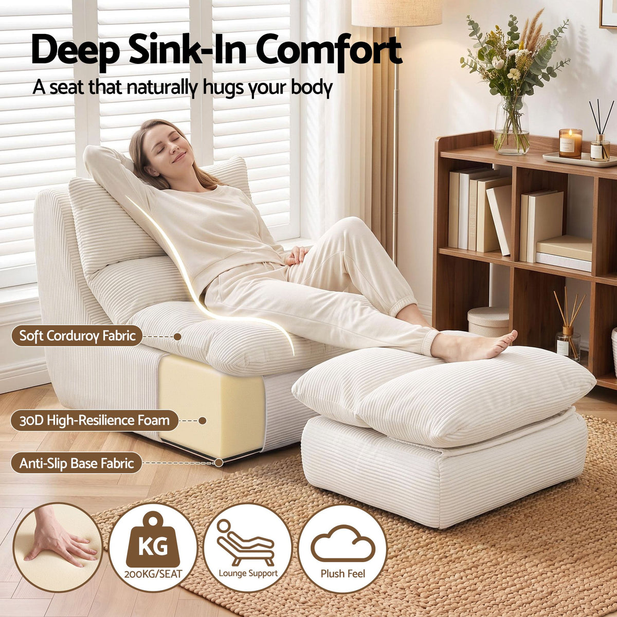 Lounge Chair and Ottoman Single Sofa Couch Boneless Corduroy Chaise Footrest - Furniture > Sofas > Sofas & Sofa Beds - Rivercity House & Home Co. (ABN 18 642 972 209) - Affordable Modern Furniture Australia