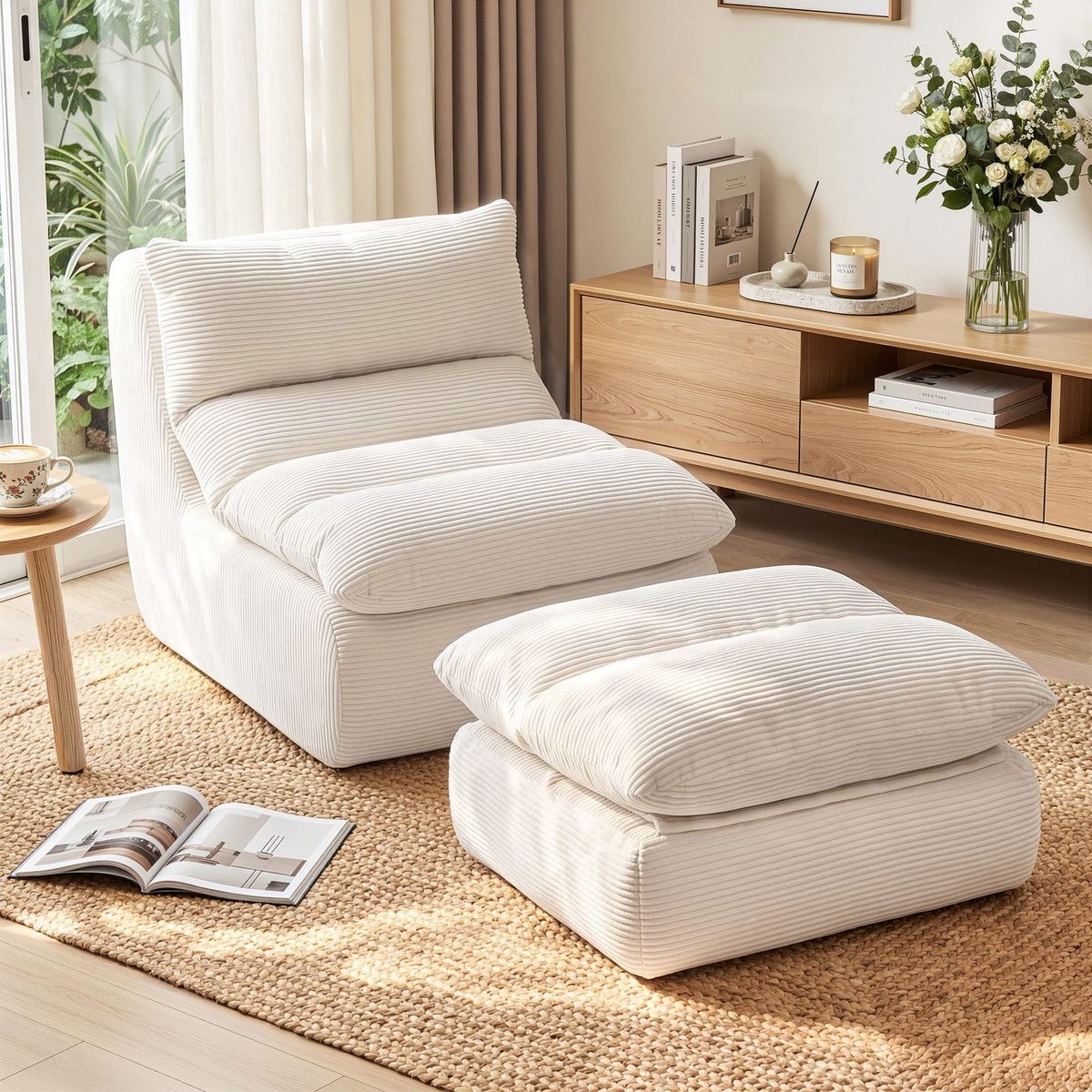 Lounge Chair and Ottoman Single Sofa Couch Boneless Corduroy Chaise Footrest - Furniture > Sofas > Sofas & Sofa Beds - Rivercity House & Home Co. (ABN 18 642 972 209) - Affordable Modern Furniture Australia