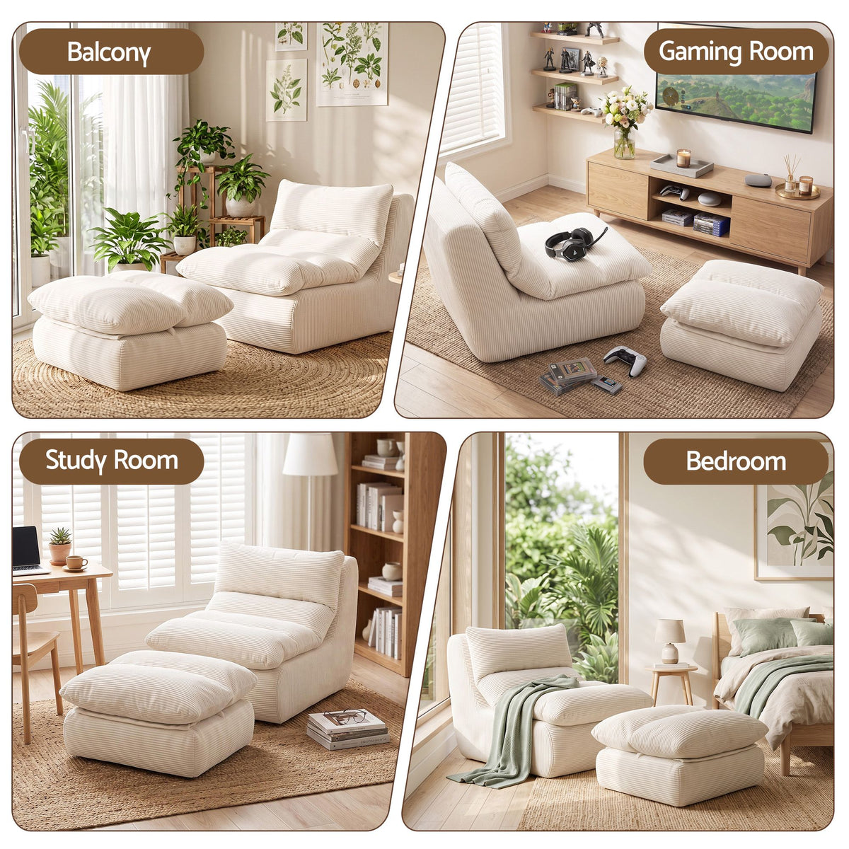 Lounge Chair and Ottoman Single Sofa Couch Boneless Corduroy Chaise Footrest - Furniture > Sofas > Sofas & Sofa Beds - Rivercity House & Home Co. (ABN 18 642 972 209) - Affordable Modern Furniture Australia