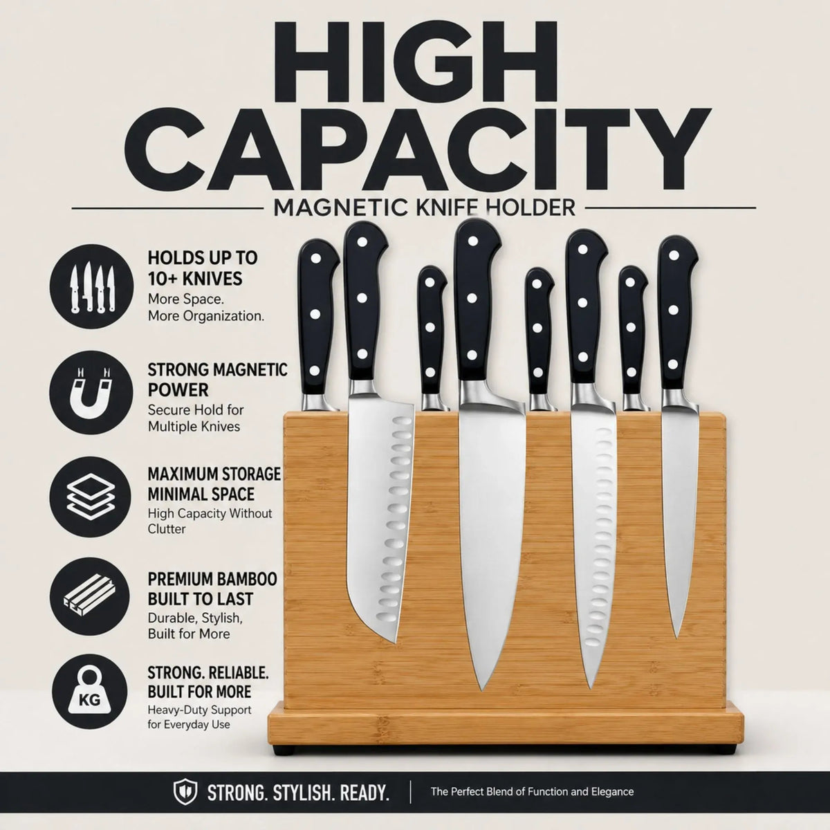 Magnetic Bamboo Double-Sided Knife Block Holder for Knives up to 23cm - Natural - Home & Garden > Kitchenware > Kitchen Utensils - Rivercity House & Home Co. (ABN 18 642 972 209) - Affordable Modern Furniture Australia