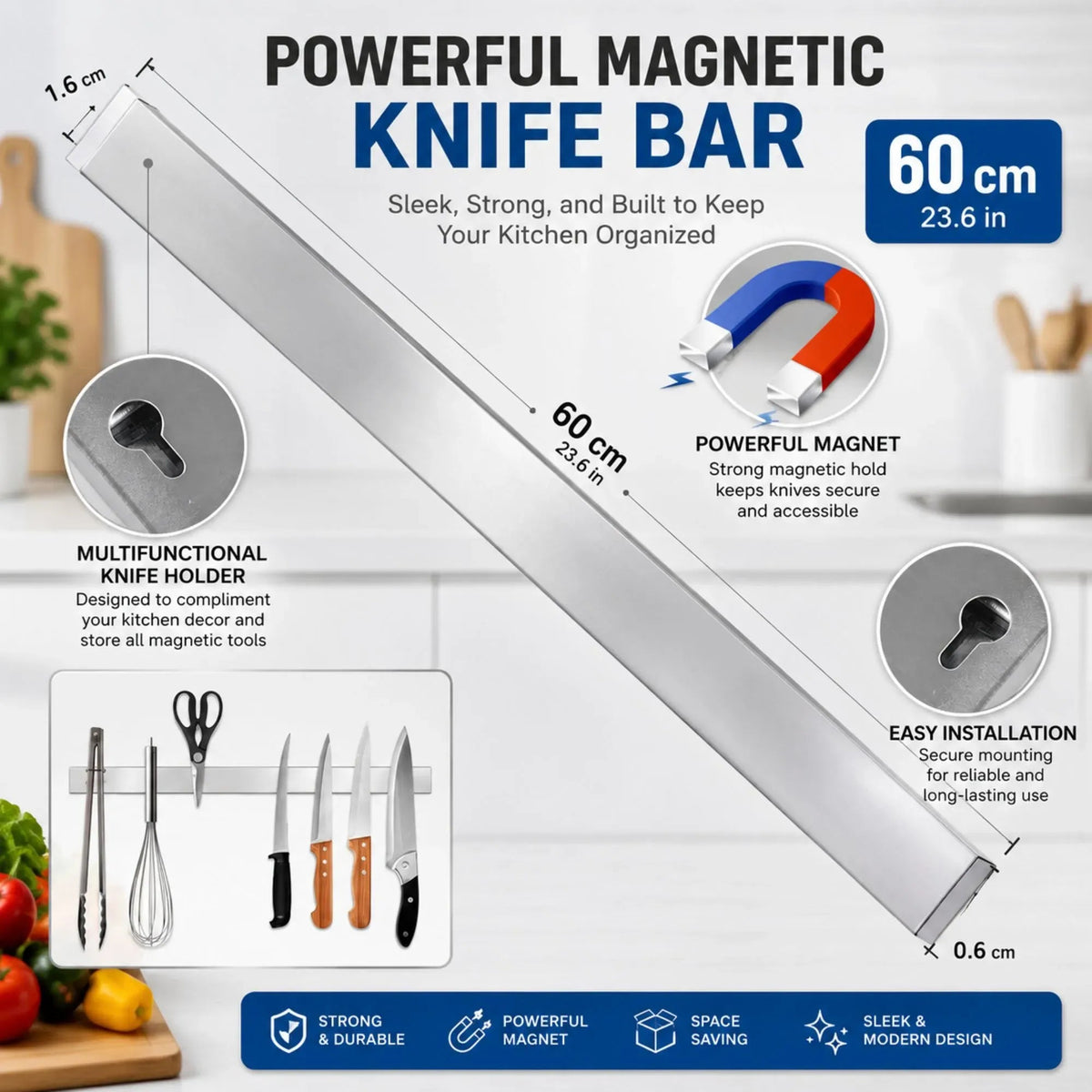 Magnetic Knife Strip 60cm Stainless Steel Wall Rack - Grey - Home & Garden > Kitchenware > Kitchen Utensils - Rivercity House & Home Co. (ABN 18 642 972 209) - Affordable Modern Furniture Australia
