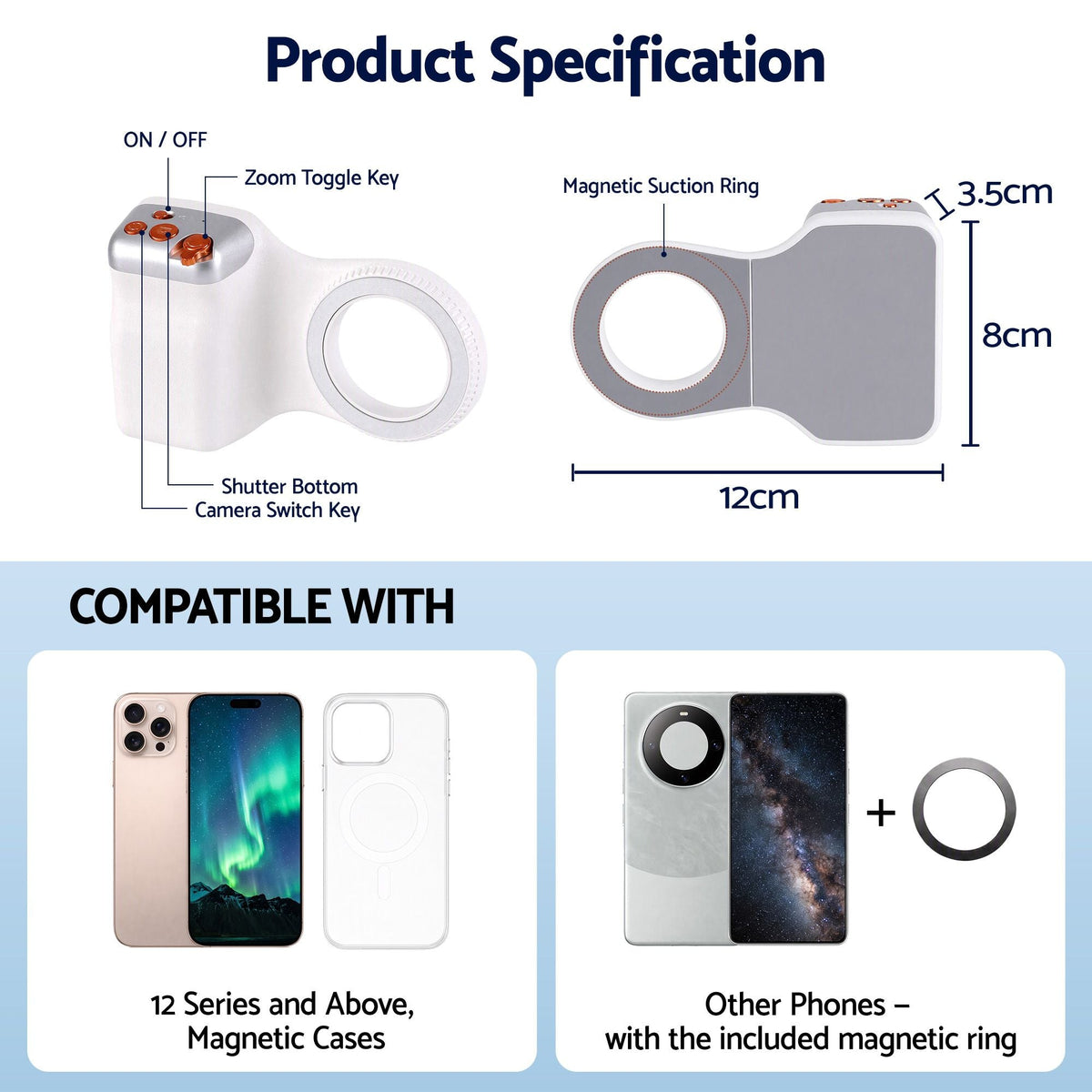 Magnetic Phone Camera Grip with Ergonomic Handle and Detachable Bluetooth Remote - Audio & Video > Photography > Camera Accessories - Rivercity House & Home Co. (ABN 18 642 972 209) - Affordable Modern Furniture Australia