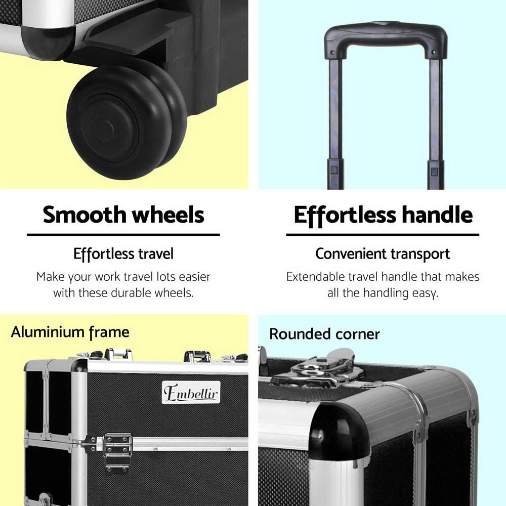 Makeup Case Beauty Trolley Cosmetic Organiser Box Travel Wheels Black - Health & Beauty > Cosmetic Storage > Makeup Organisation & Storage - Rivercity House & Home Co. (ABN 18 642 972 209) - Affordable Modern Furniture Australia
