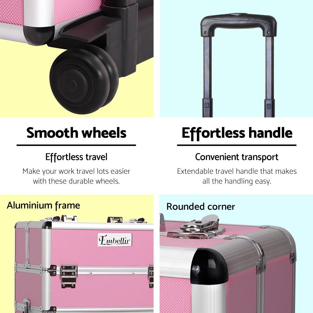 Makeup Case Beauty Trolley Cosmetic Organiser Box Travel Wheels Pink - Health & Beauty > Cosmetic Storage > Makeup Organisation & Storage - Rivercity House & Home Co. (ABN 18 642 972 209) - Affordable Modern Furniture Australia
