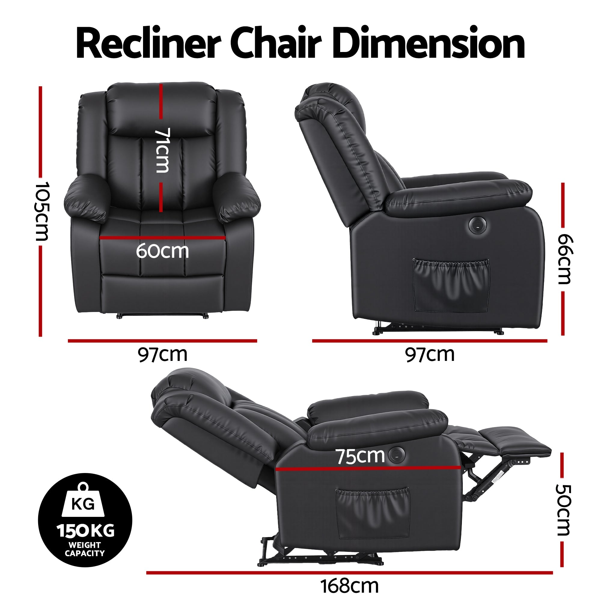 Manual Massage Recliner Chair for Living Room, Leather Sofa Lounge Reclining Chair with 2 USB Port, 160° Recline Reading Chair with 20CM Wide Armrests, 8 Point Vibration & Lumbar Heat, Black - Furniture > Bar Stools & Chairs > Arm Chairs & Recliners - Rivercity House & Home Co. (ABN 18 642 972 209) - Affordable Modern Furniture Australia